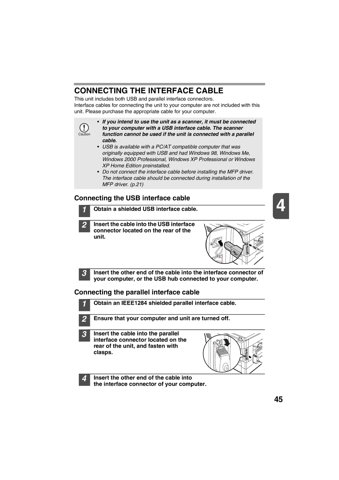 Sharp AL-1215 Connecting the Interface Cable, Connecting the USB interface cable, Connecting the parallel interface cable 