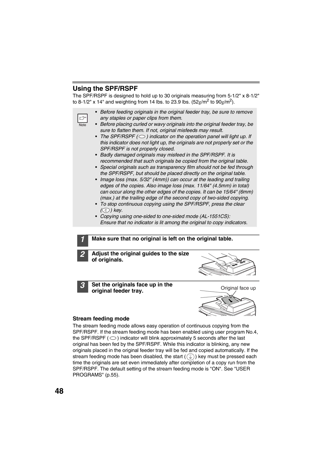 Sharp AL-1215 operation manual Using the SPF/RSPF, Original feeder tray, Stream feeding mode 