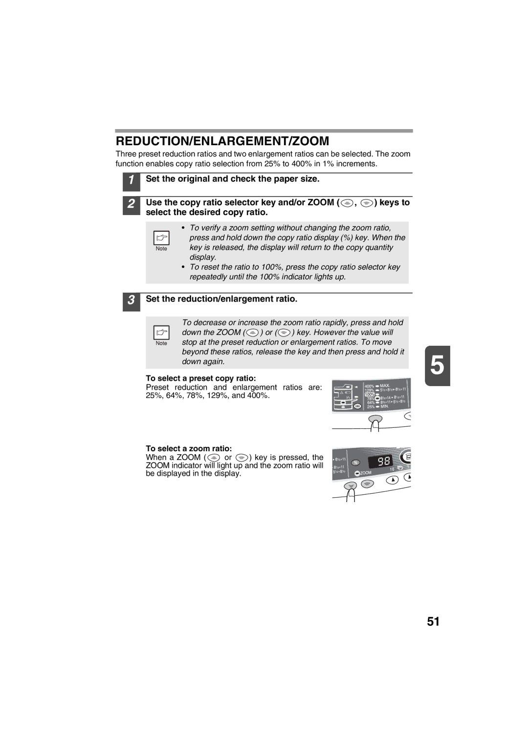 Sharp AL-1215 operation manual Reduction/Enlargement/Zoom, Set the reduction/enlargement ratio, To select a zoom ratio 