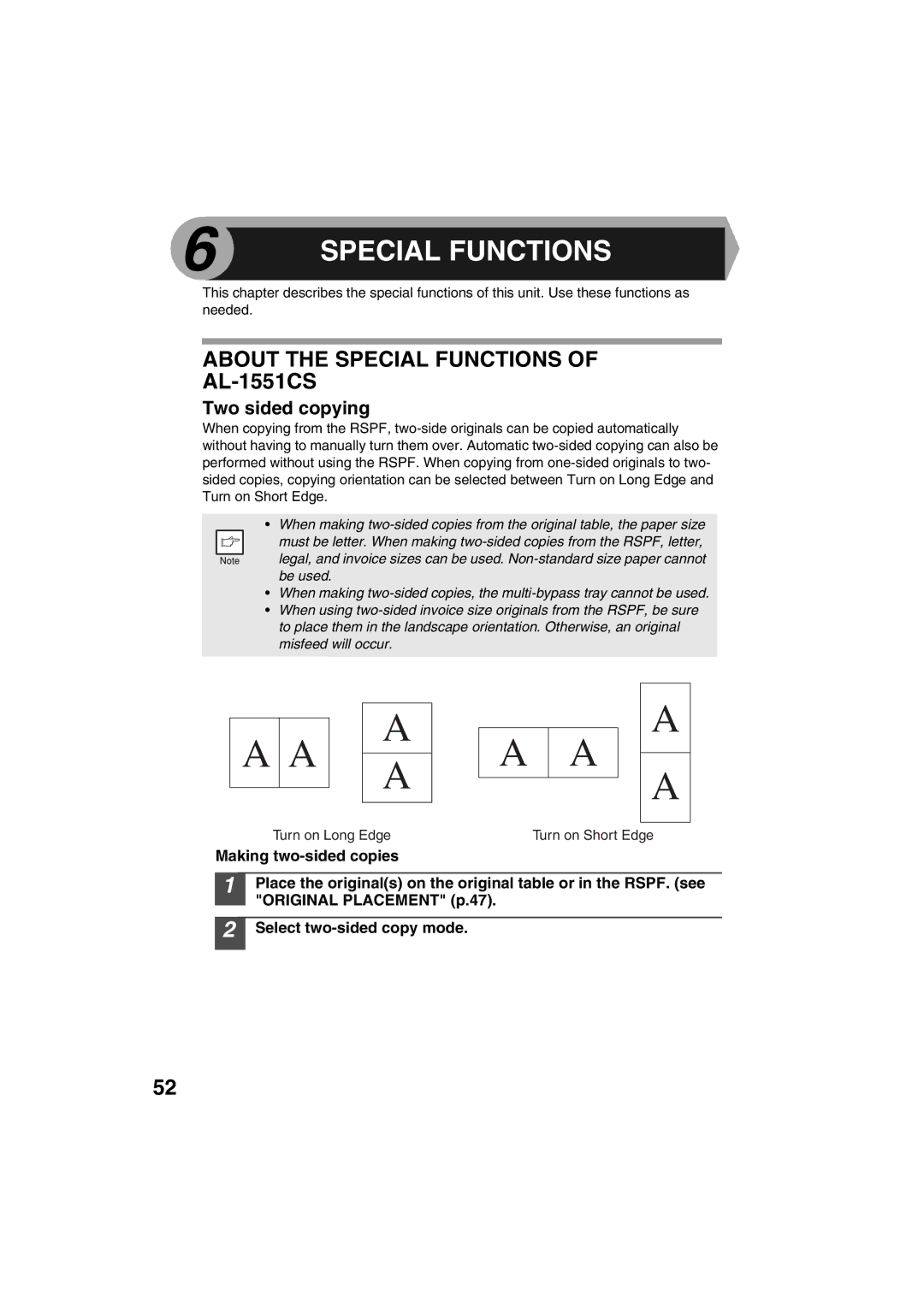 Sharp AL-1215 operation manual About the Special Functions of AL-1551CS, Two sided copying, Making two-sided copies 