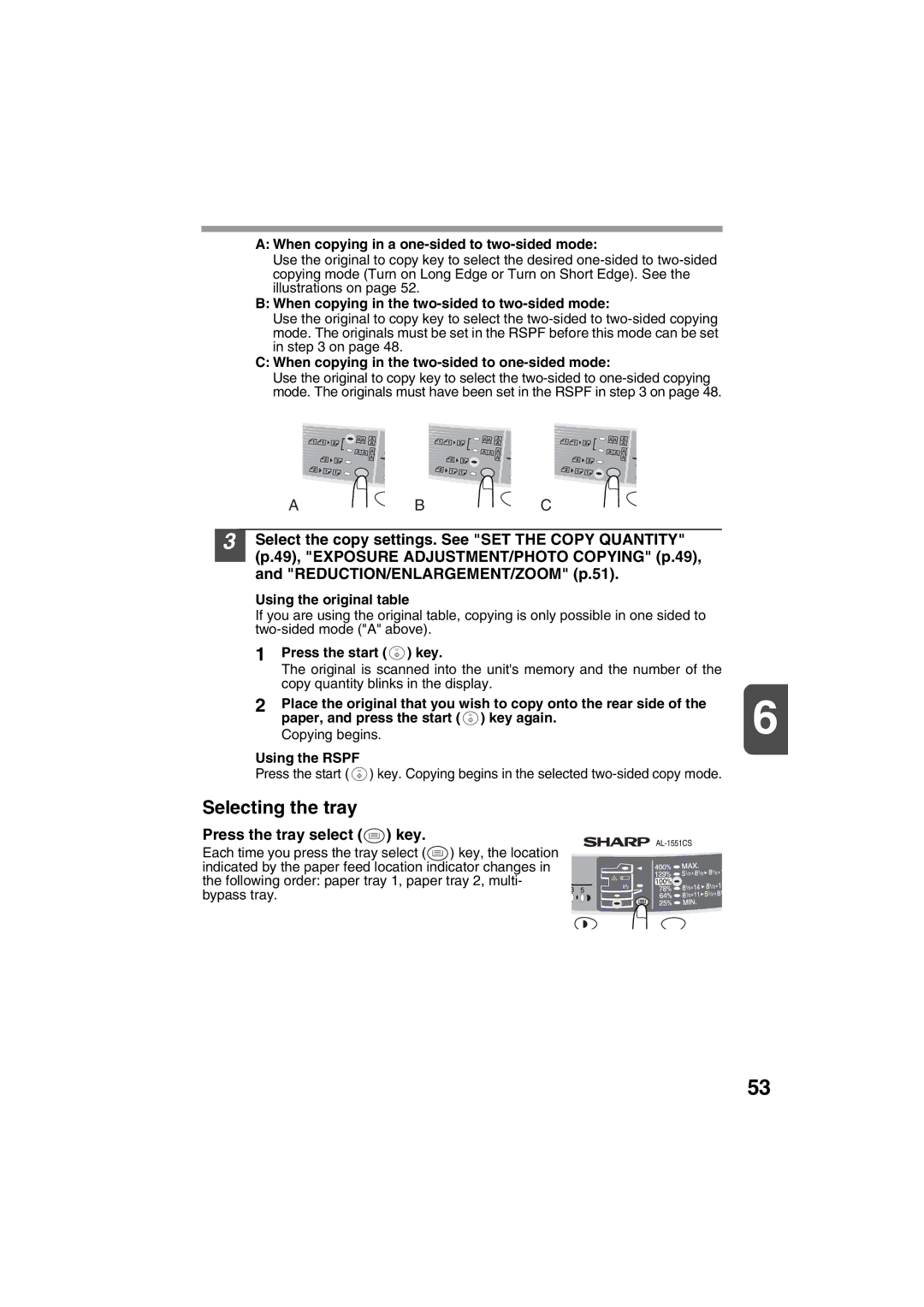 Sharp AL-1215 operation manual Selecting the tray, Press the tray select key 