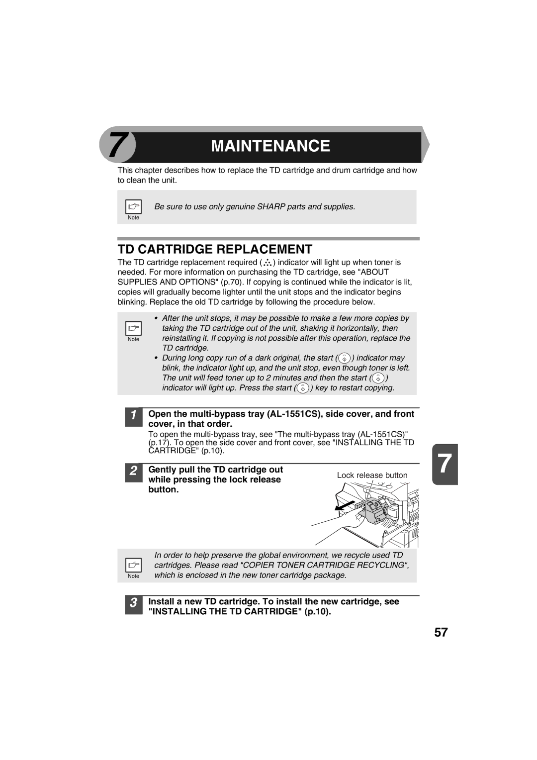 Sharp AL-1215 TD Cartridge Replacement, Gently pull the TD cartridge out, While pressing the lock release Button 