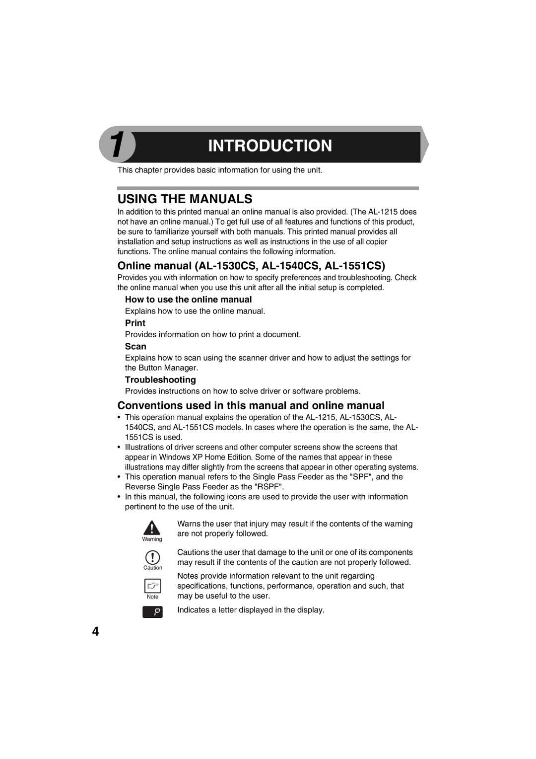 Sharp AL-1215 operation manual Using the Manuals, Online manual AL-1530CS, AL-1540CS, AL-1551CS 