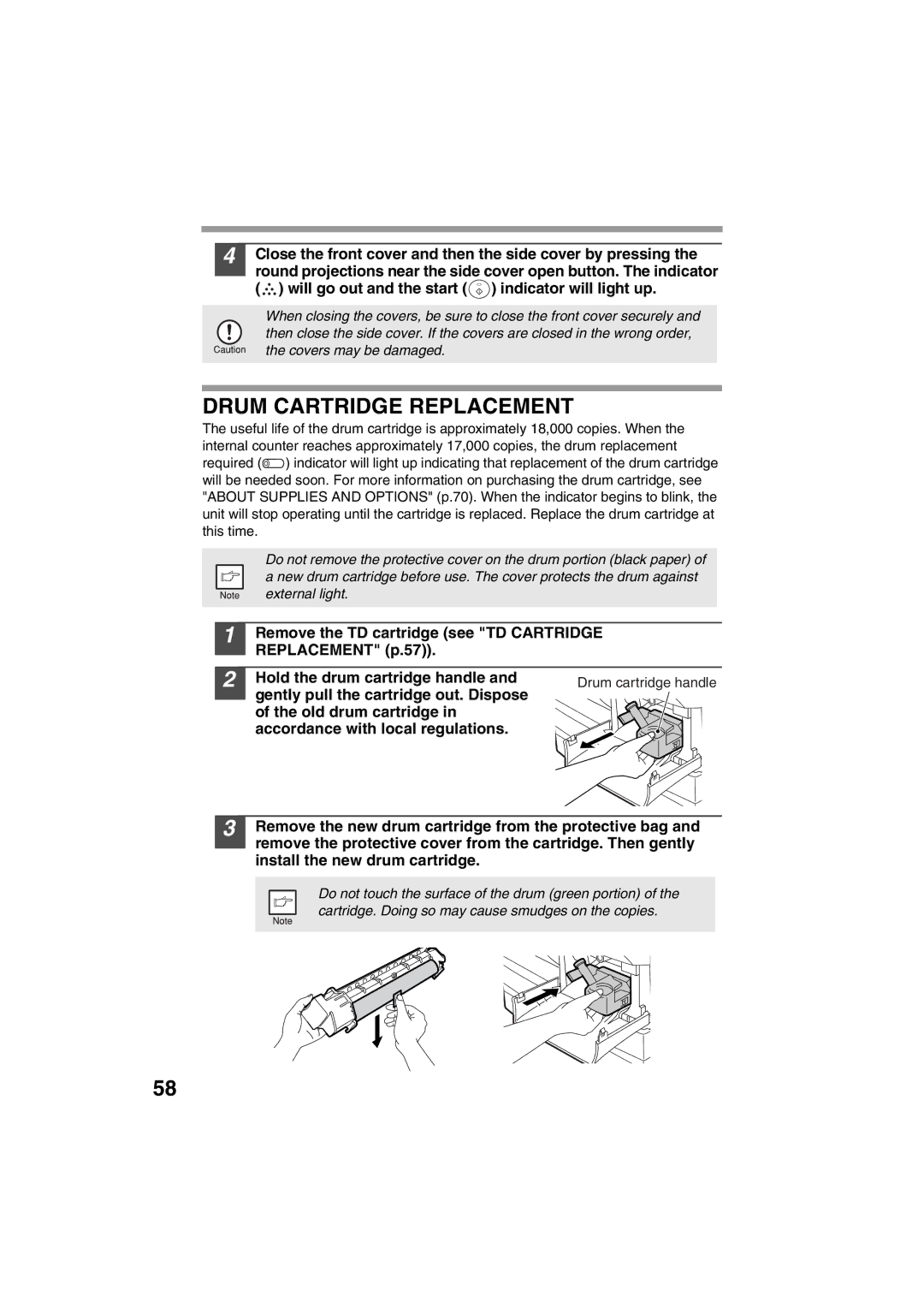 Sharp AL-1215 operation manual Drum Cartridge Replacement, Gently pull the cartridge out. Dispose 