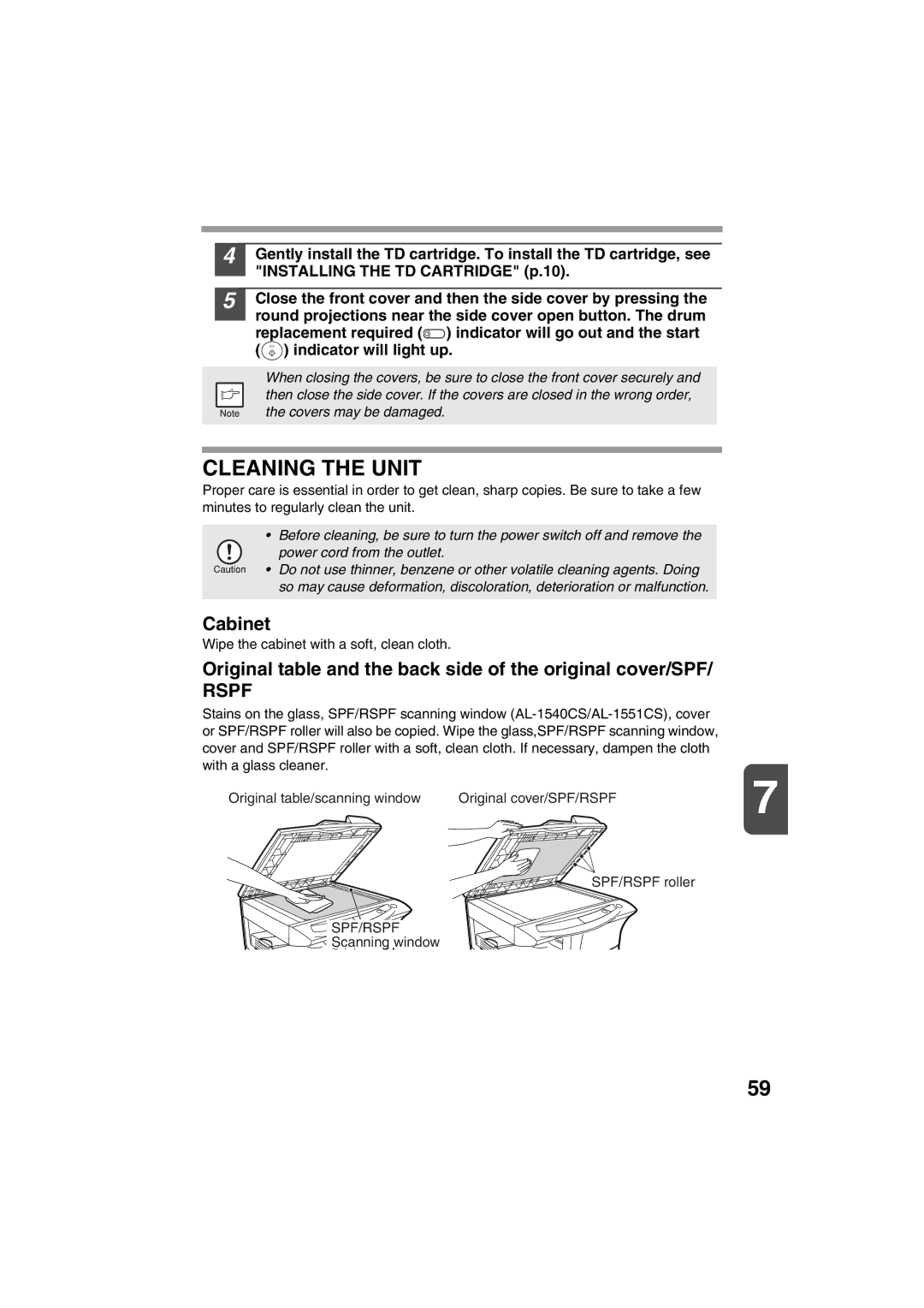 Sharp AL-1215 operation manual Cleaning the Unit, Cabinet, Original table and the back side of the original cover/SPF 