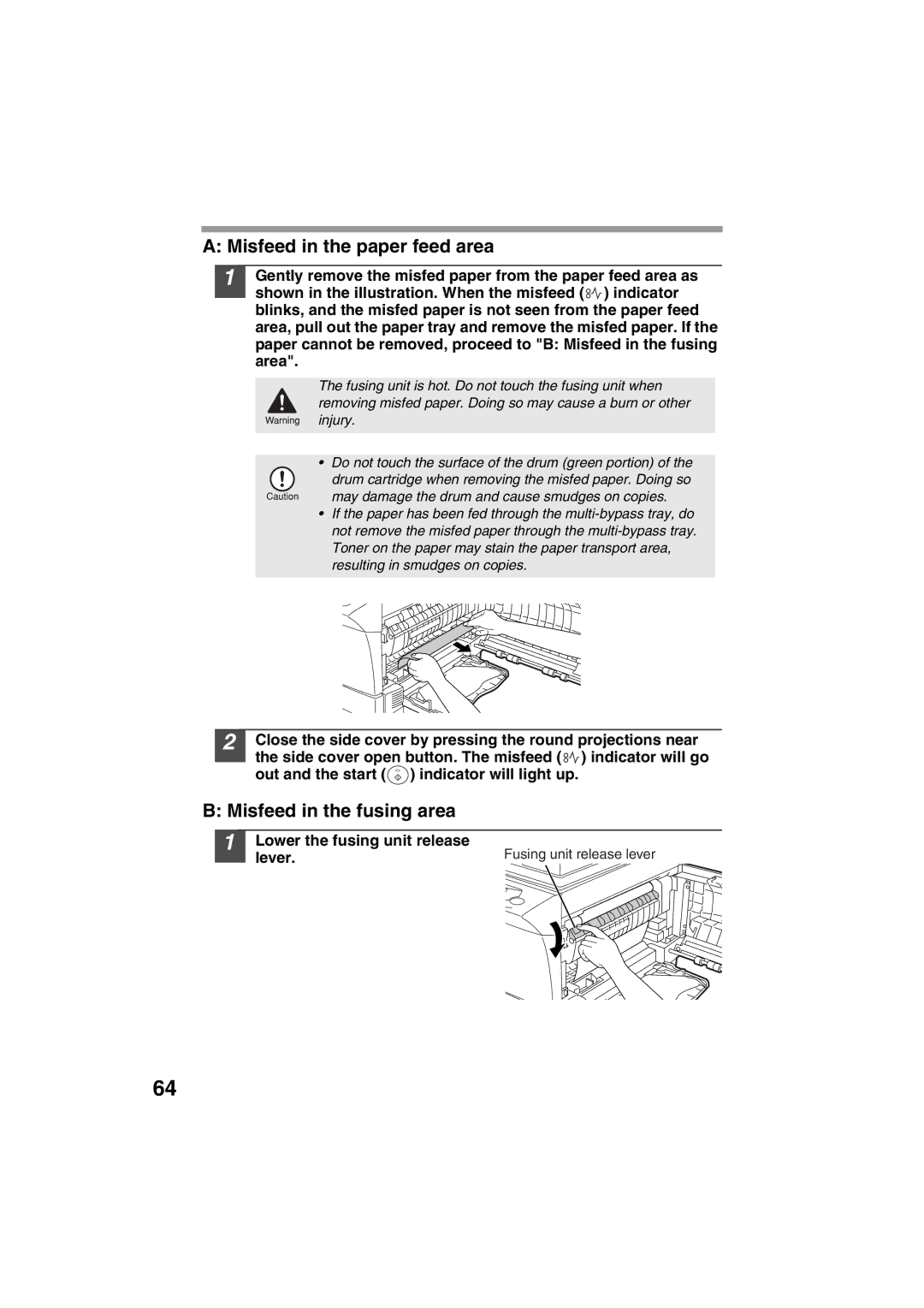 Sharp AL-1215 operation manual Misfeed in the paper feed area, Misfeed in the fusing area 