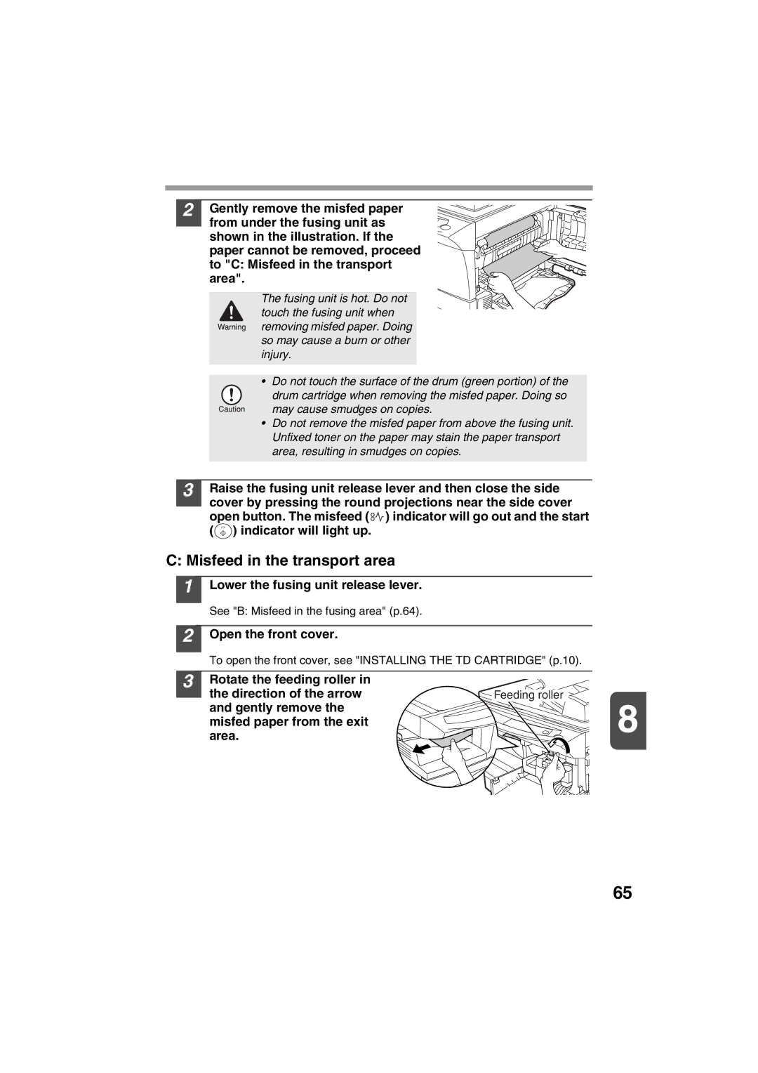 Sharp AL-1215 operation manual Misfeed in the transport area, Lower the fusing unit release lever, Open the front cover 