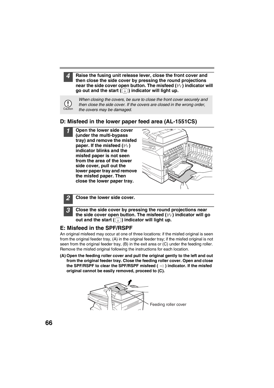 Sharp AL-1215 operation manual Misfeed in the lower paper feed area AL-1551CS, Misfeed in the SPF/RSPF 