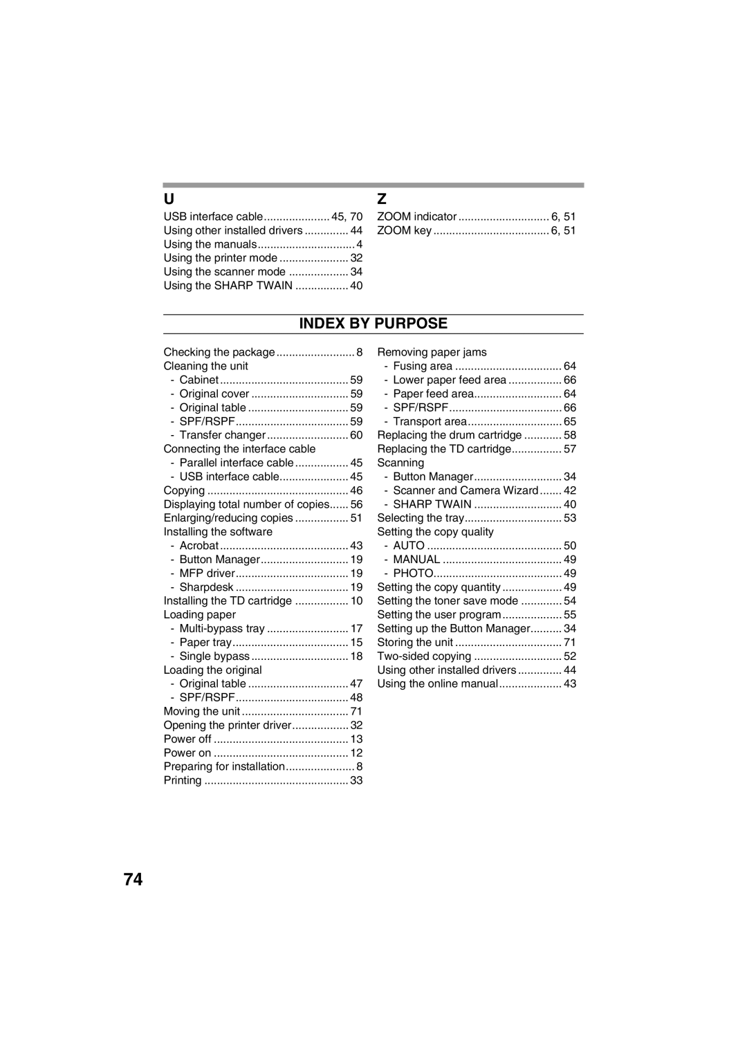 Sharp AL-1215 operation manual Index by Purpose 