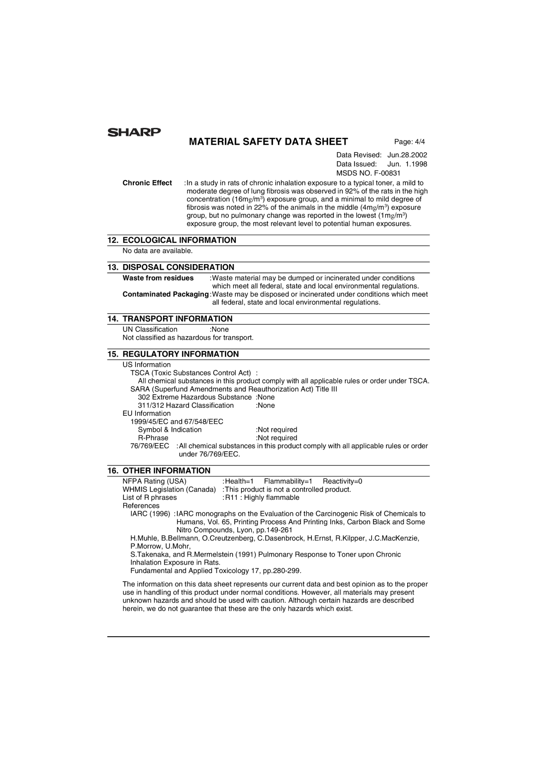 Sharp AL-1215 operation manual Ecological Information 