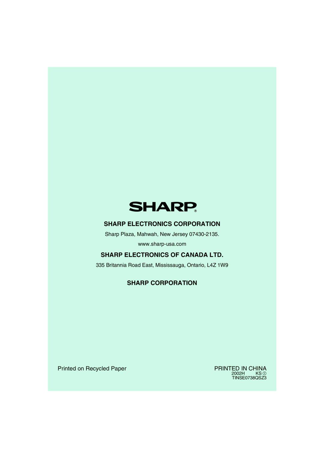 Sharp AL-1215 operation manual Sharp Electronics Corporation 