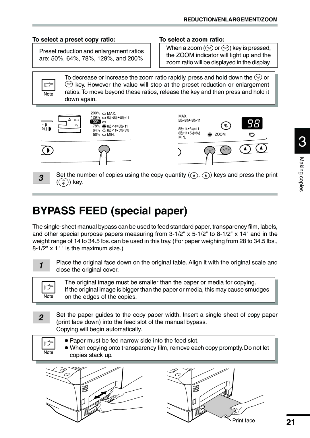 Sharp AL-1340 operation manual Bypass Feed special paper, To select a preset copy ratio To select a zoom ratio 