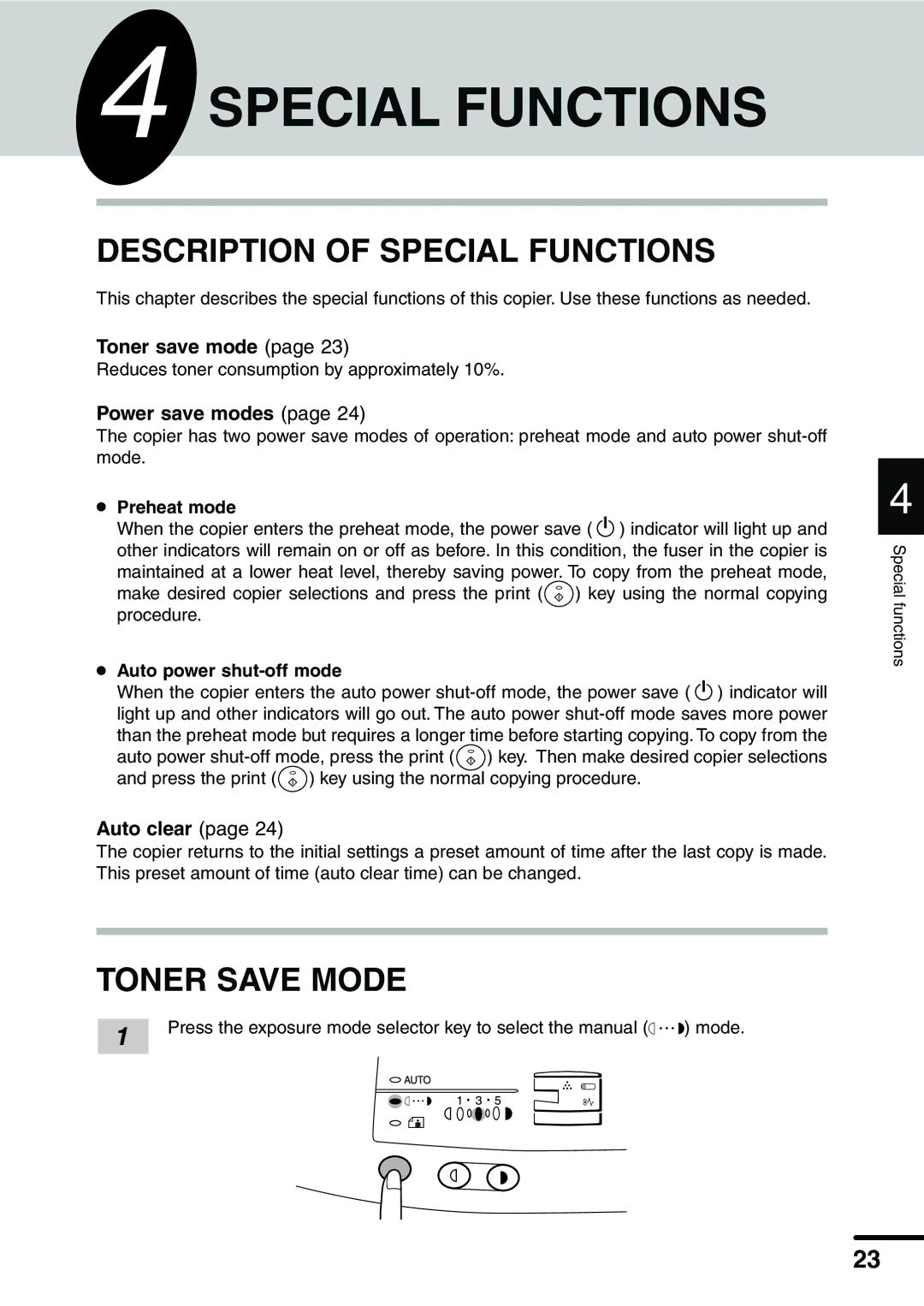 Sharp AL-1340 Description of Special Functions, Toner Save Mode, Preheat mode, Auto power shut-off mode 