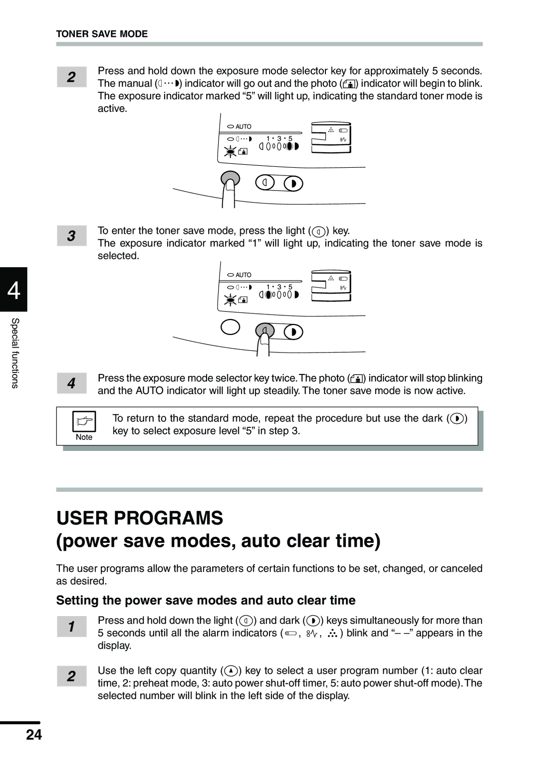 Sharp AL-1340 operation manual User Programs, Setting the power save modes and auto clear time 