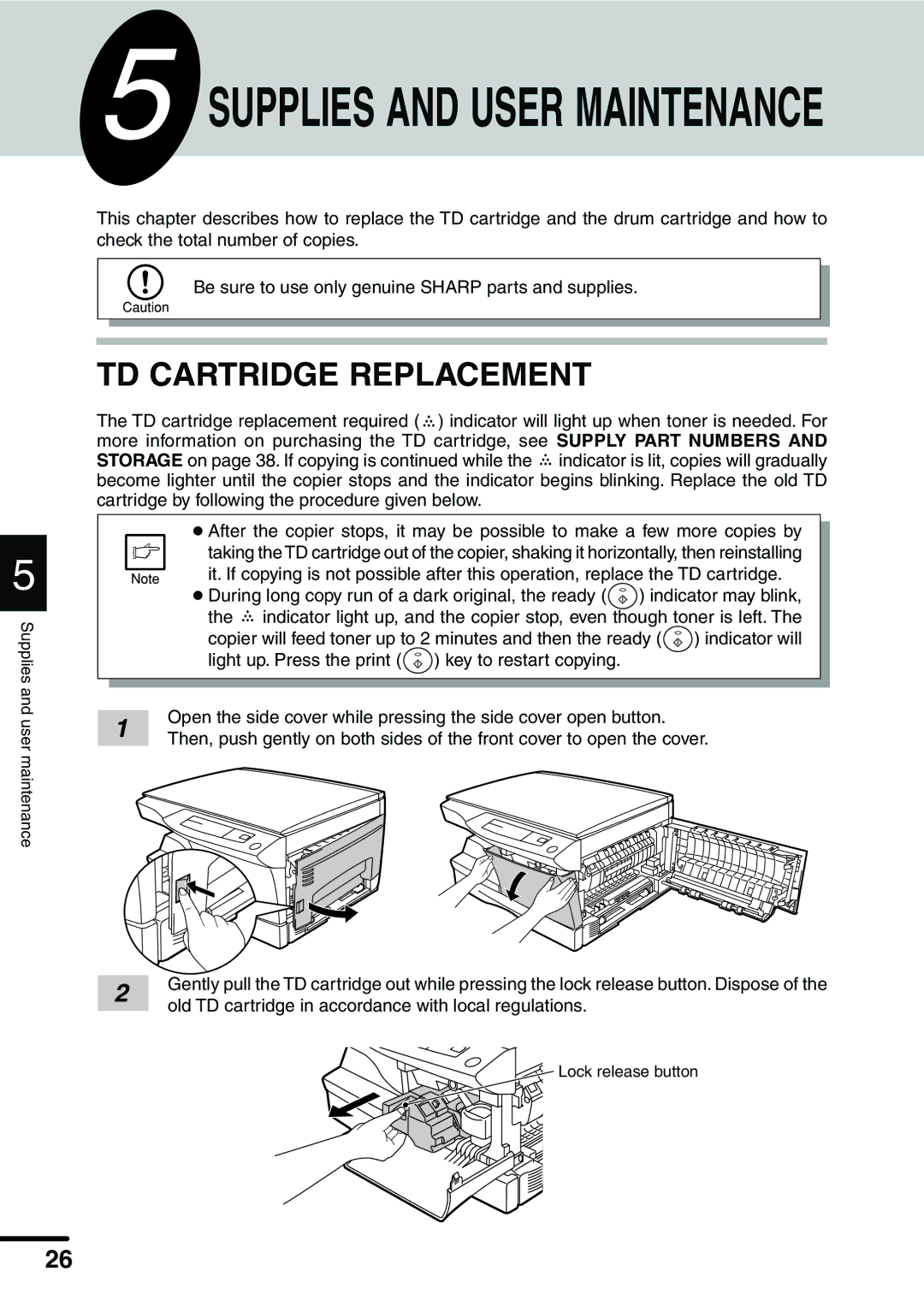 Sharp AL-1340 operation manual Supplies and User Maintenance, TD Cartridge Replacement 