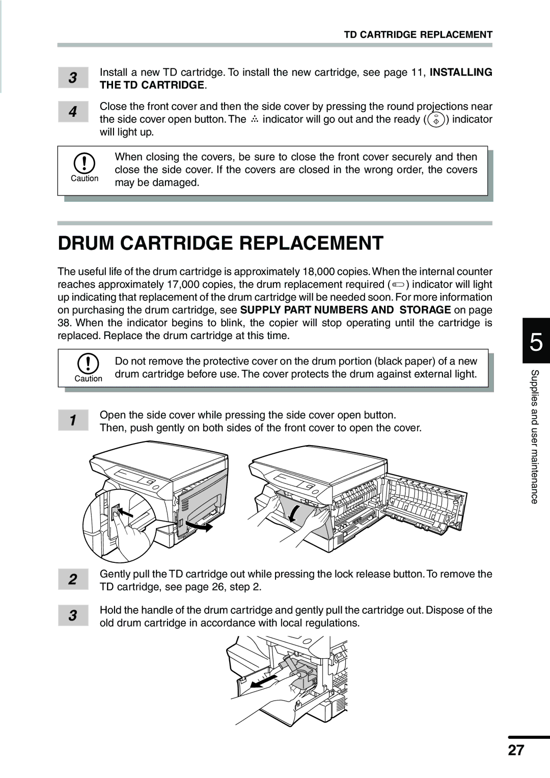 Sharp AL-1340 operation manual Drum Cartridge Replacement, TD Cartridge 