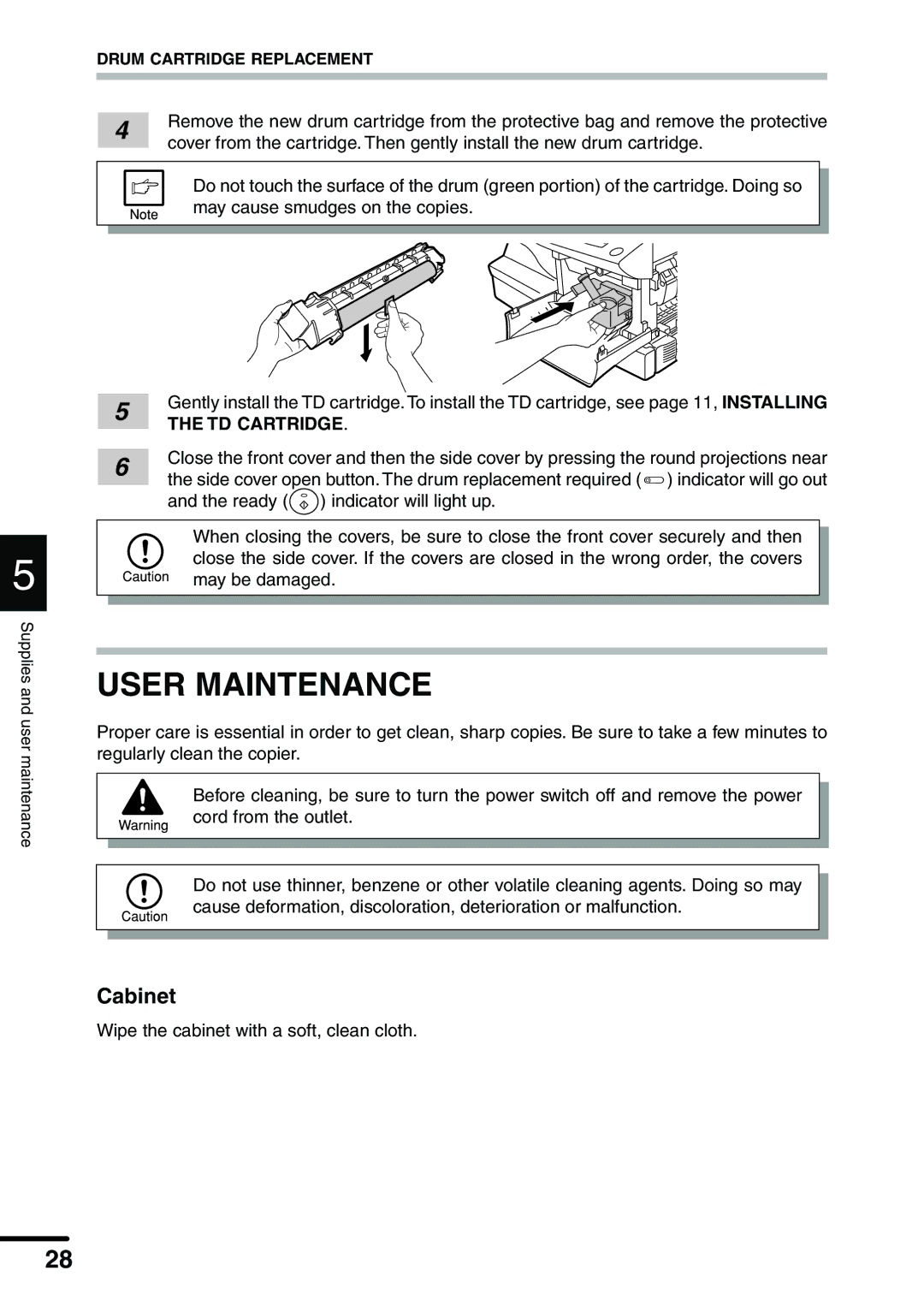 Sharp AL-1340 operation manual User Maintenance, Cabinet 