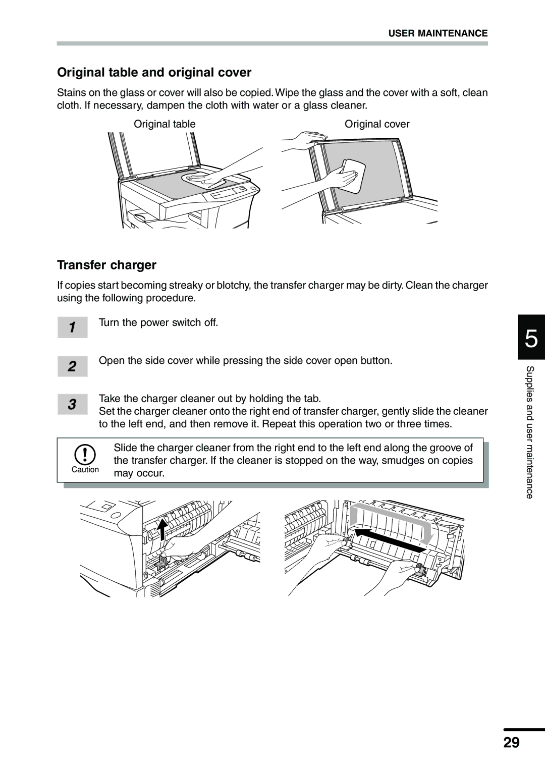 Sharp AL-1340 operation manual Original table and original cover, Transfer charger 