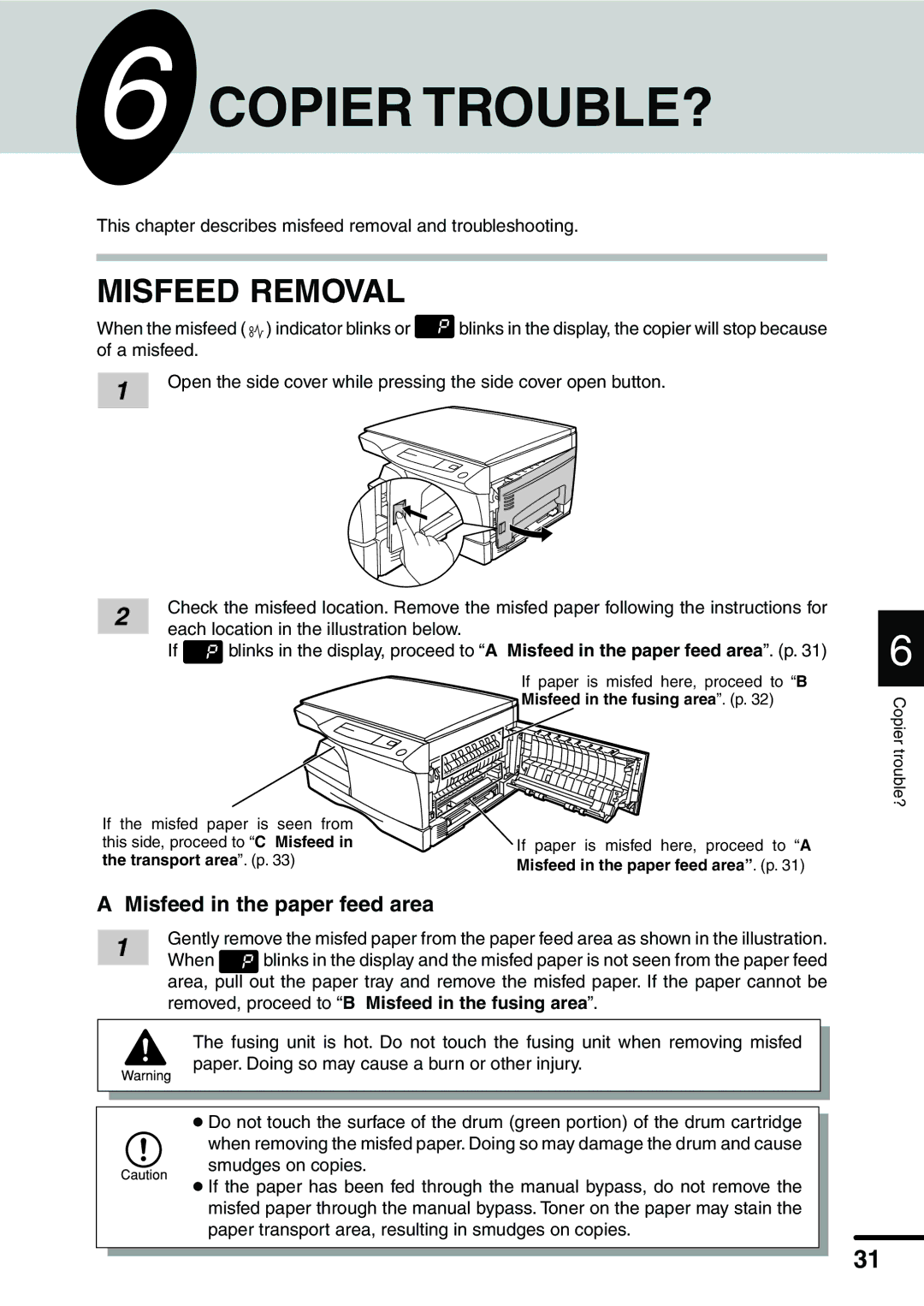 Sharp AL-1340 operation manual Copier TROUBLE?, Misfeed Removal, Misfeed in the paper feed area 