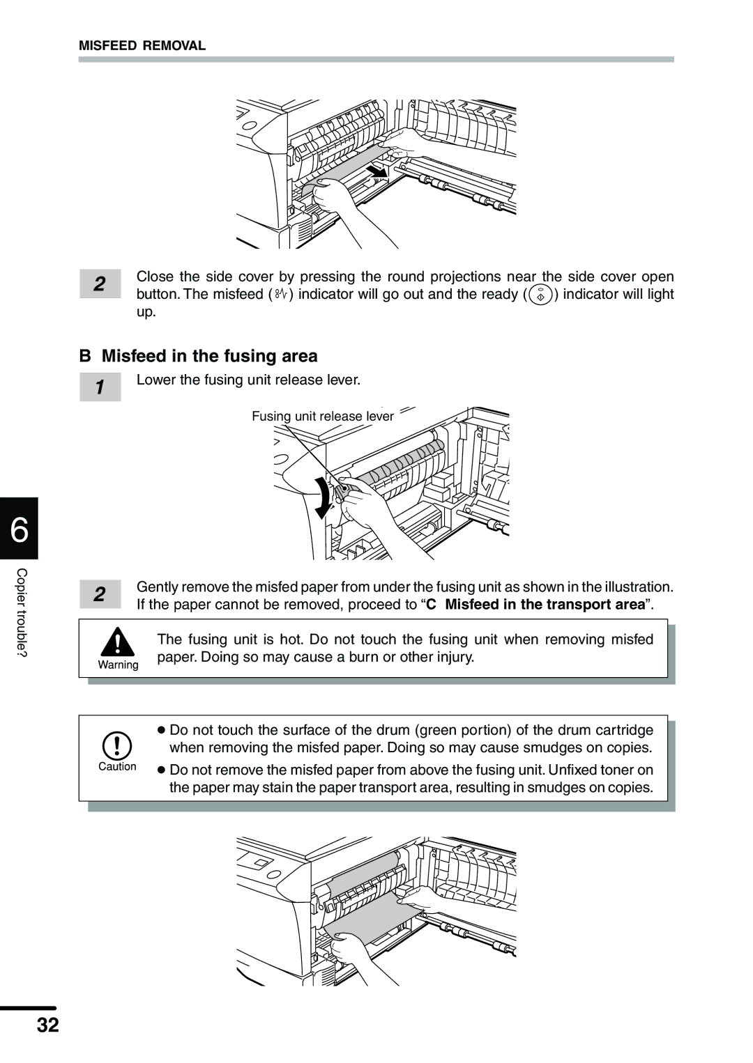 Sharp AL-1340 operation manual Misfeed in the fusing area, Lower the fusing unit release lever 