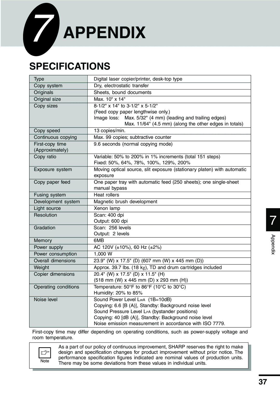 Sharp AL-1340 operation manual Appendix, Specifications 