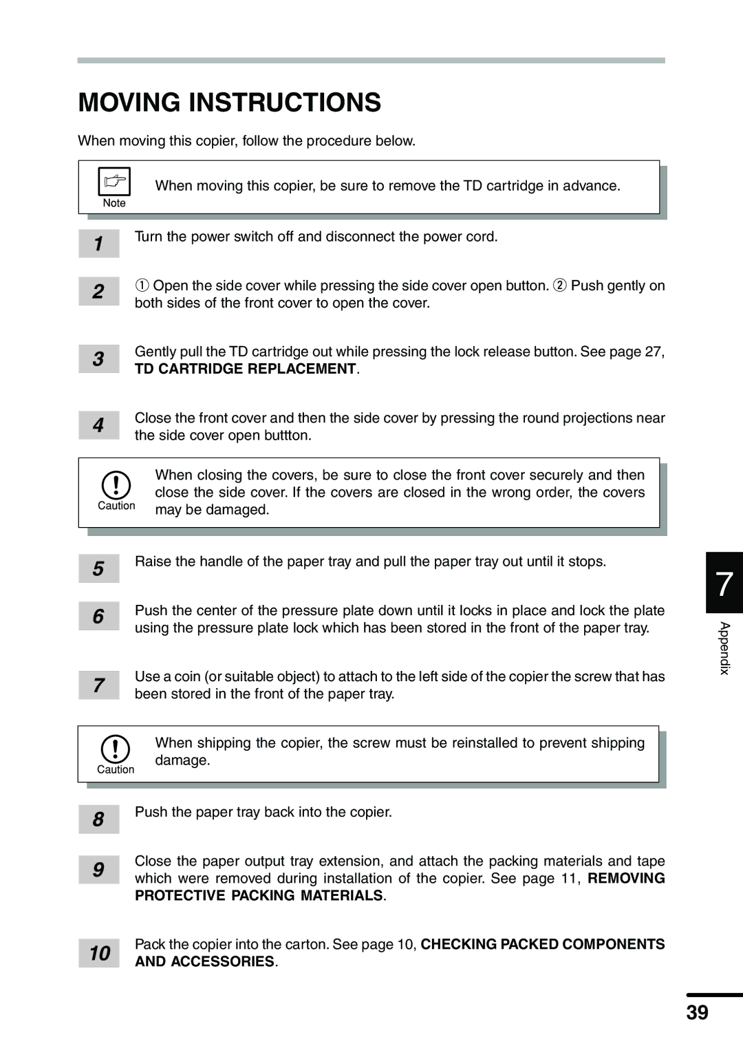 Sharp AL-1340 operation manual Moving Instructions, TD Cartridge Replacement 