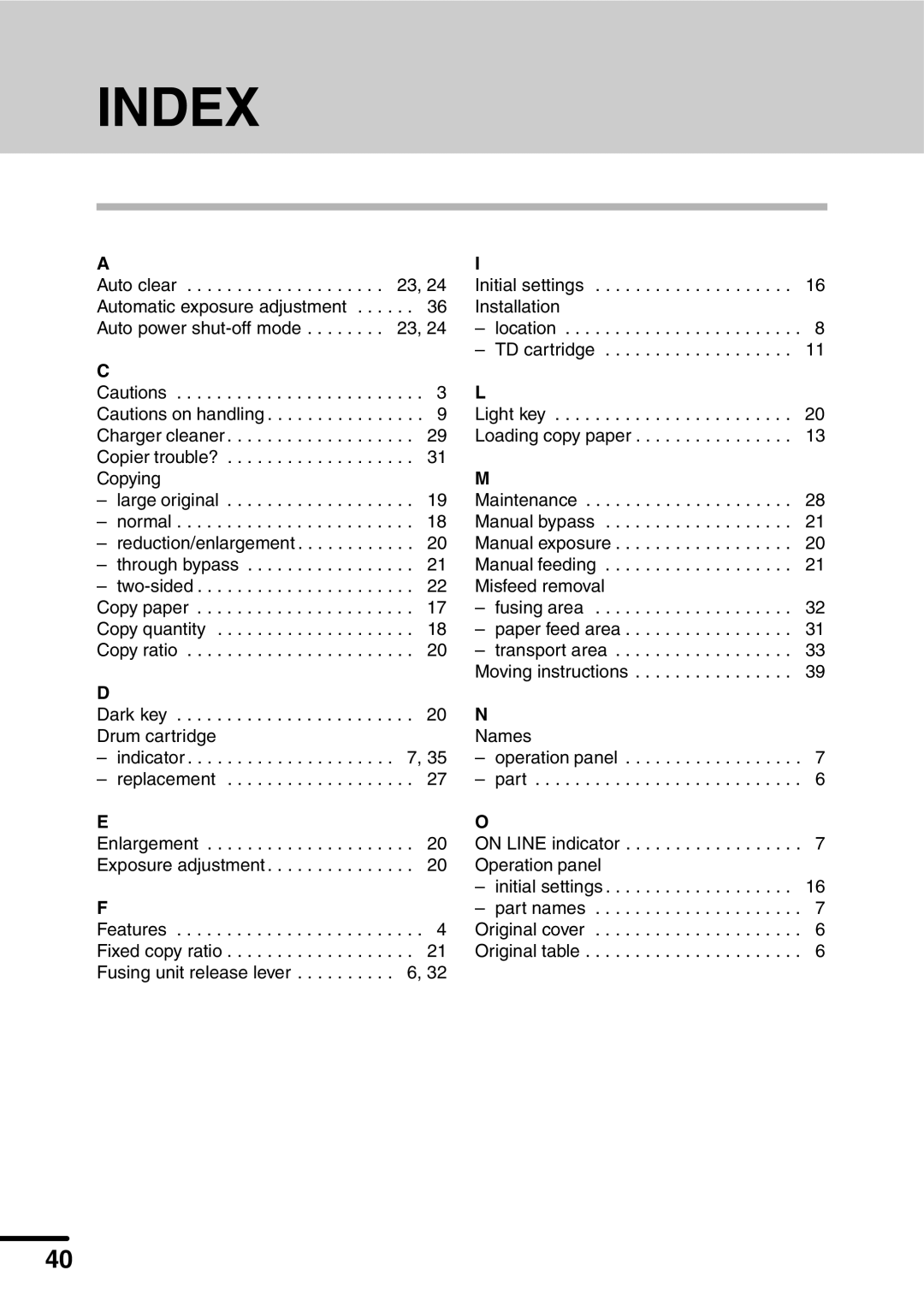 Sharp AL-1340 operation manual Index, Names 