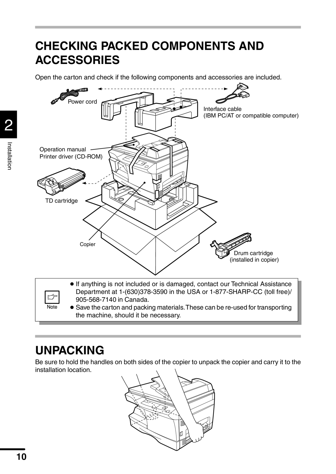 Sharp AL-1451 operation manual Checking Packed Components and Accessories, Unpacking 