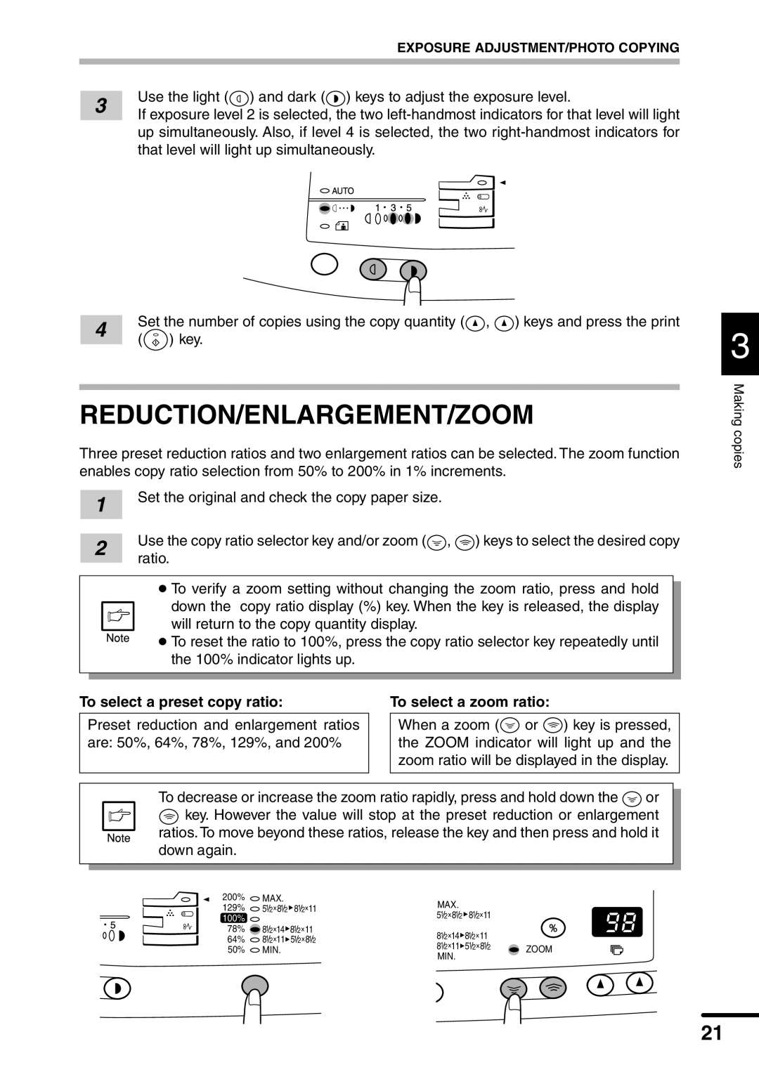 Sharp AL-1451 operation manual Reduction/Enlargement/Zoom, To select a preset copy ratio To select a zoom ratio 