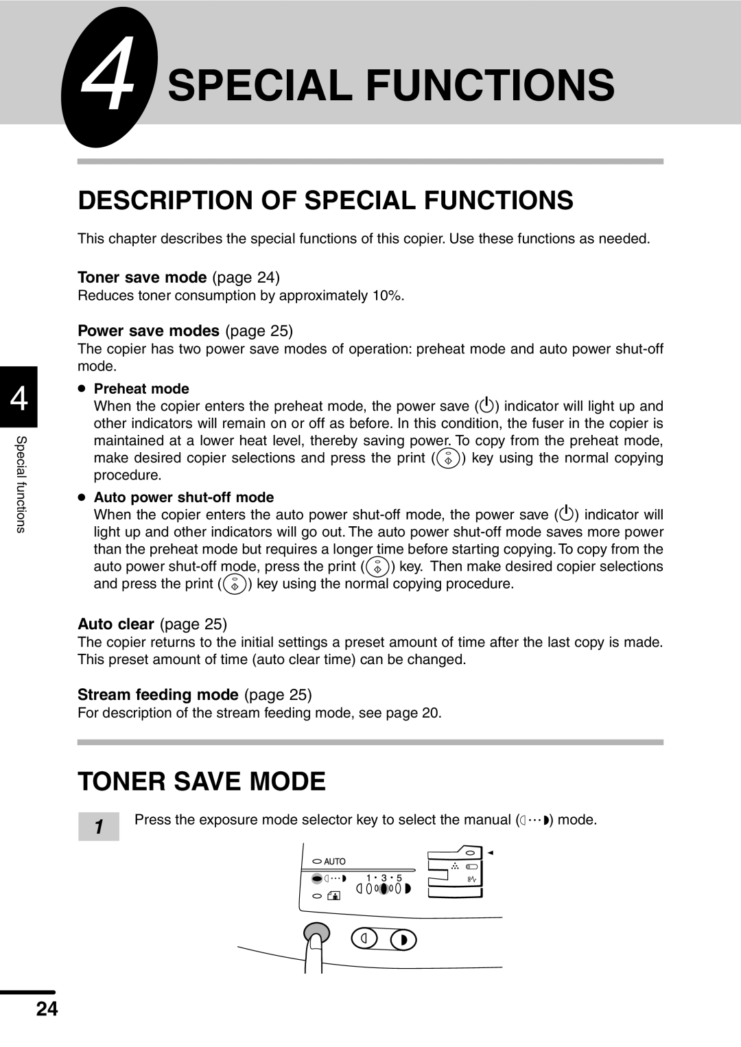 Sharp AL-1451 Description of Special Functions, Toner Save Mode, Preheat mode, Auto power shut-off mode 