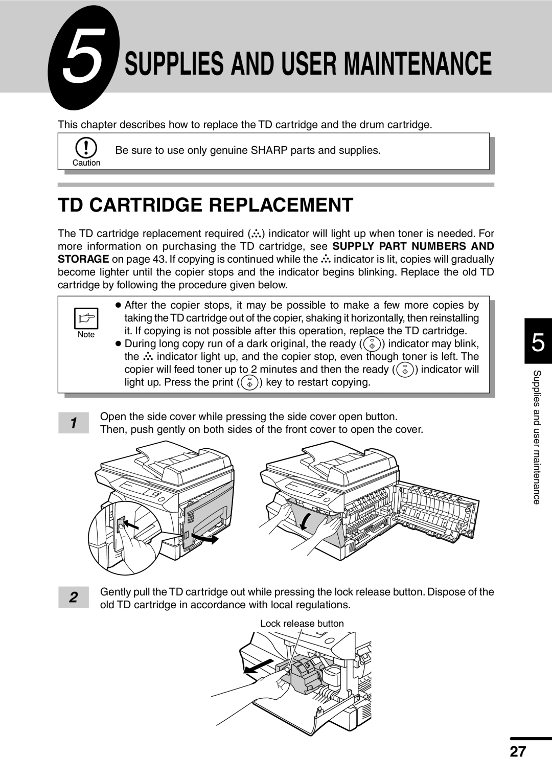 Sharp AL-1451 operation manual Supplies and User Maintenance, TD Cartridge Replacement 