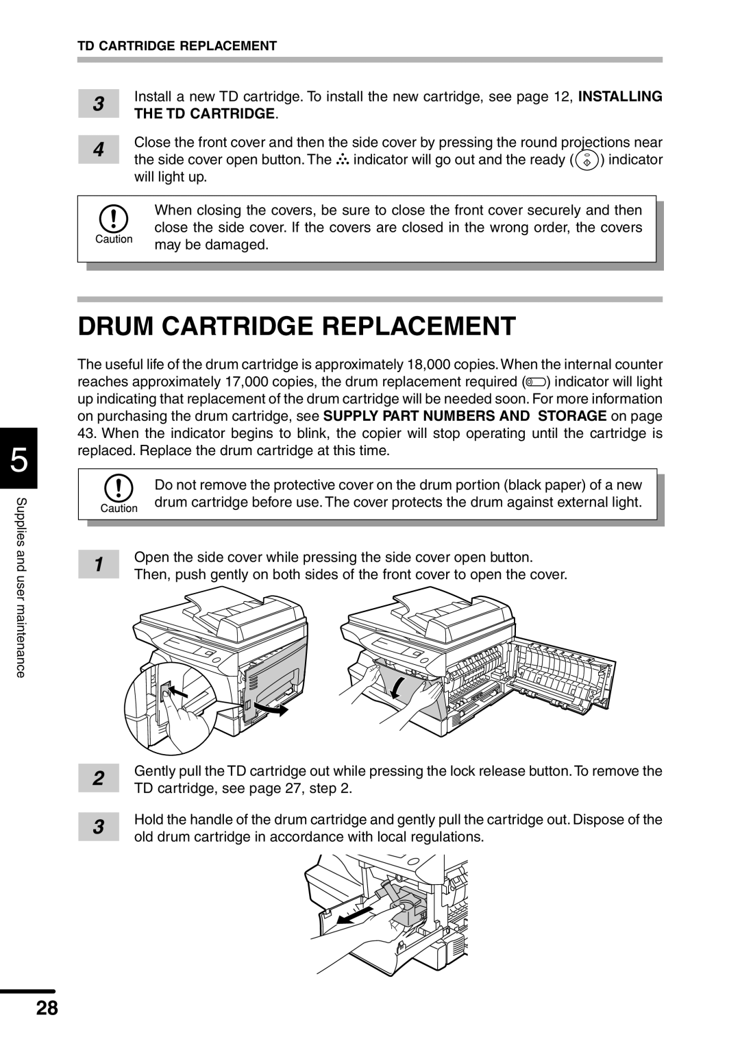 Sharp AL-1451 operation manual Drum Cartridge Replacement, TD Cartridge 