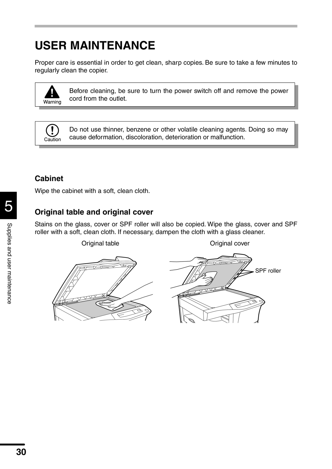 Sharp AL-1451 operation manual User Maintenance, Cabinet, Original table and original cover 