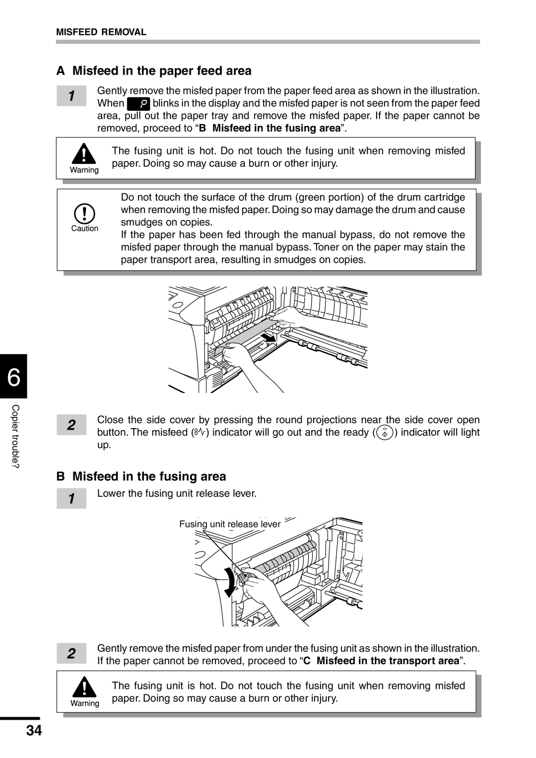 Sharp AL-1451 operation manual Misfeed in the paper feed area, Misfeed in the fusing area 