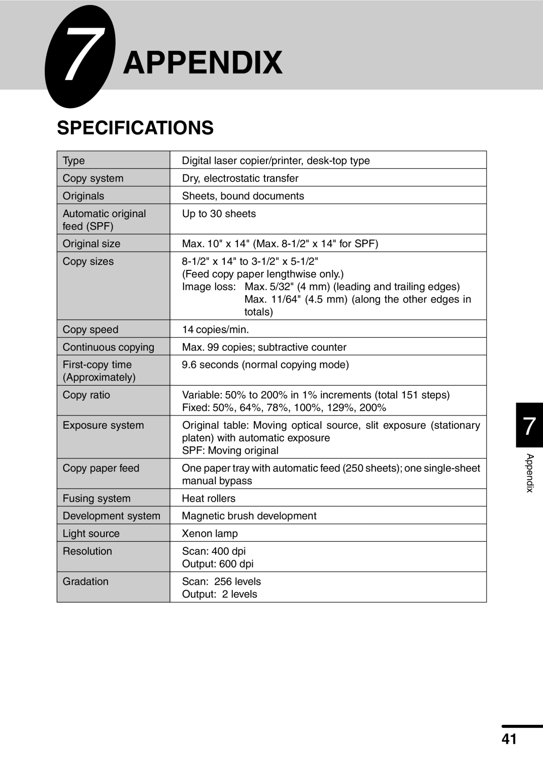 Sharp AL-1451 operation manual Appendix, Specifications 