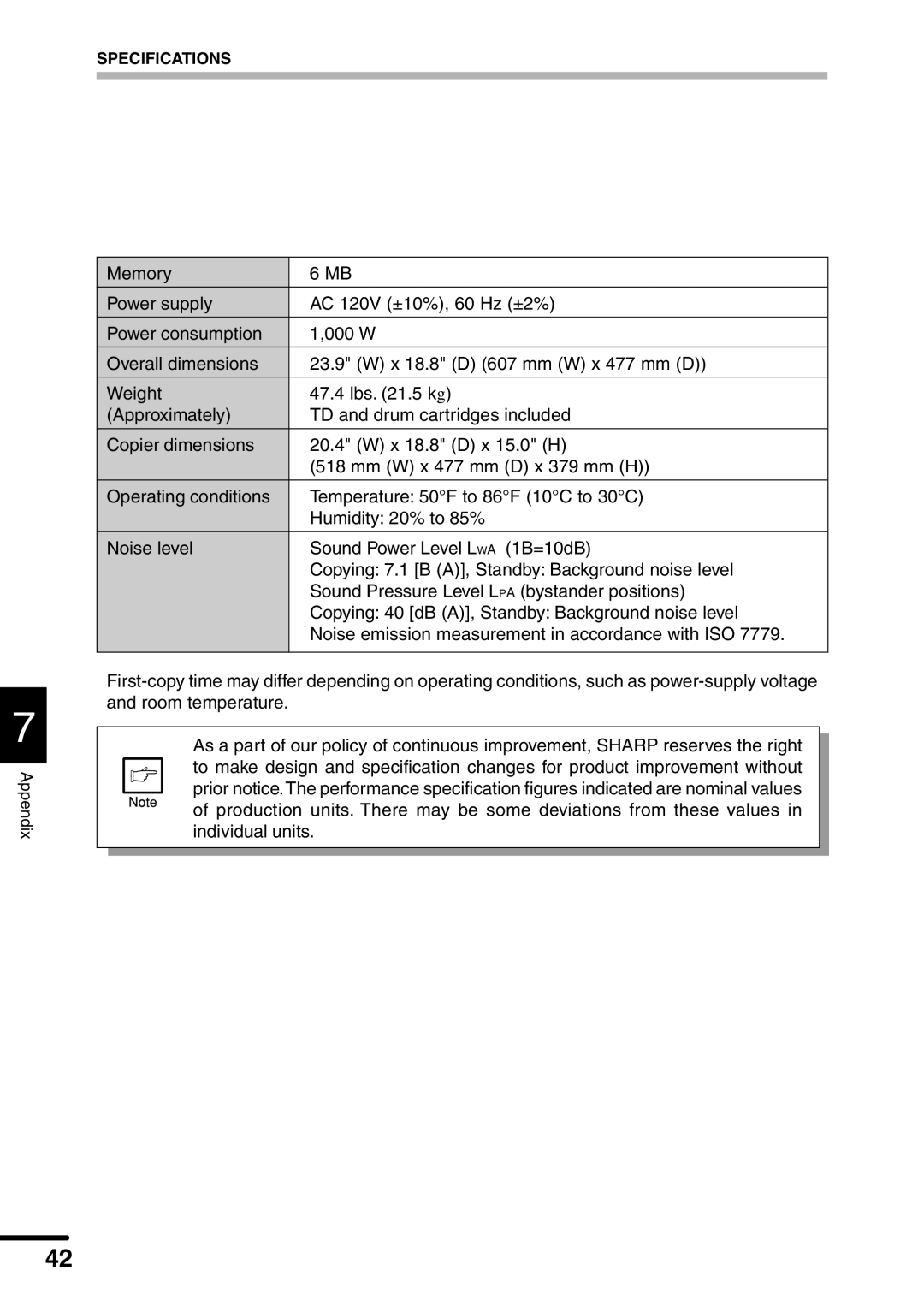 Sharp AL-1451 operation manual Specifications 