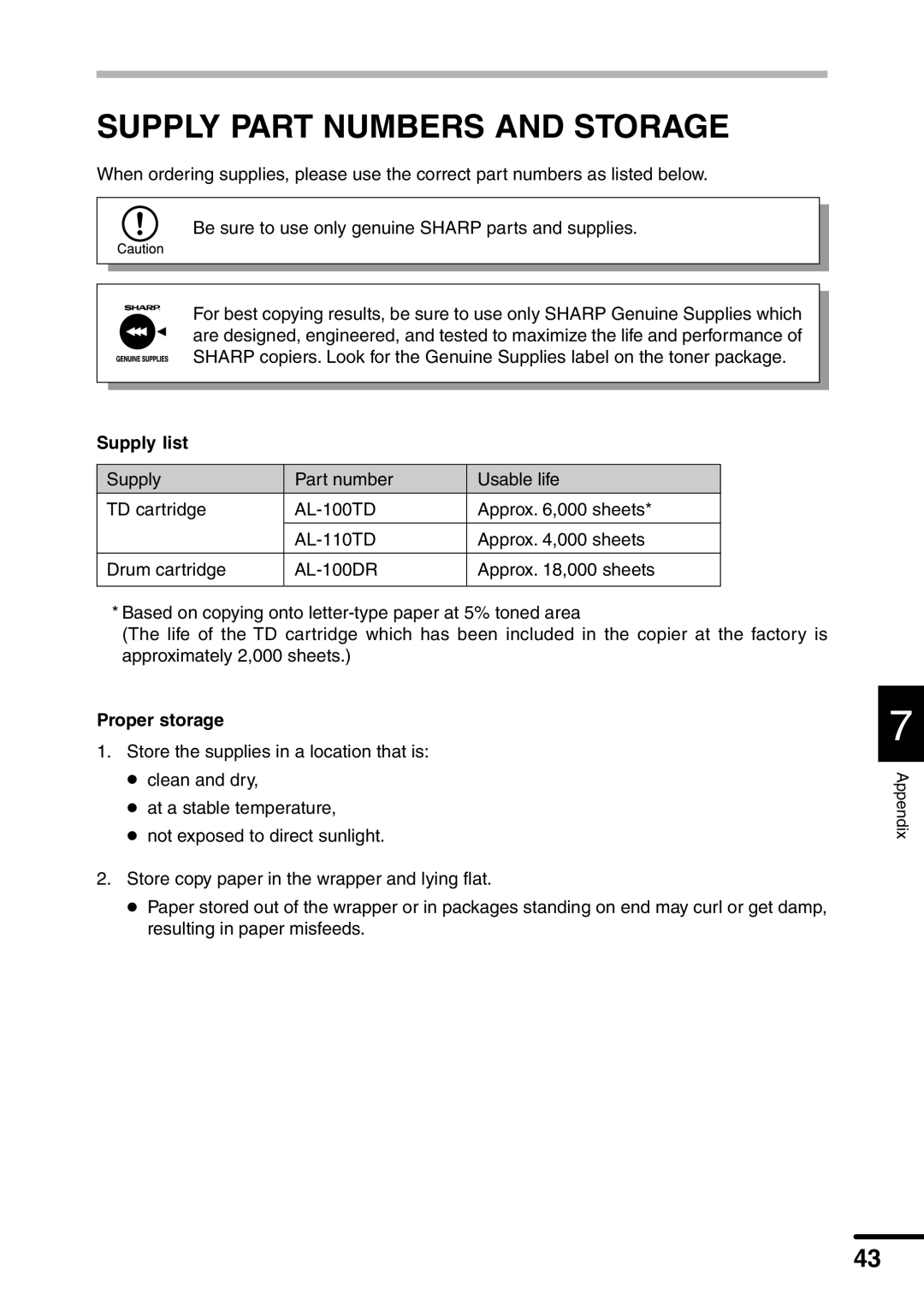 Sharp AL-1451 operation manual Supply Part Numbers and Storage, Supply list, Proper storage 