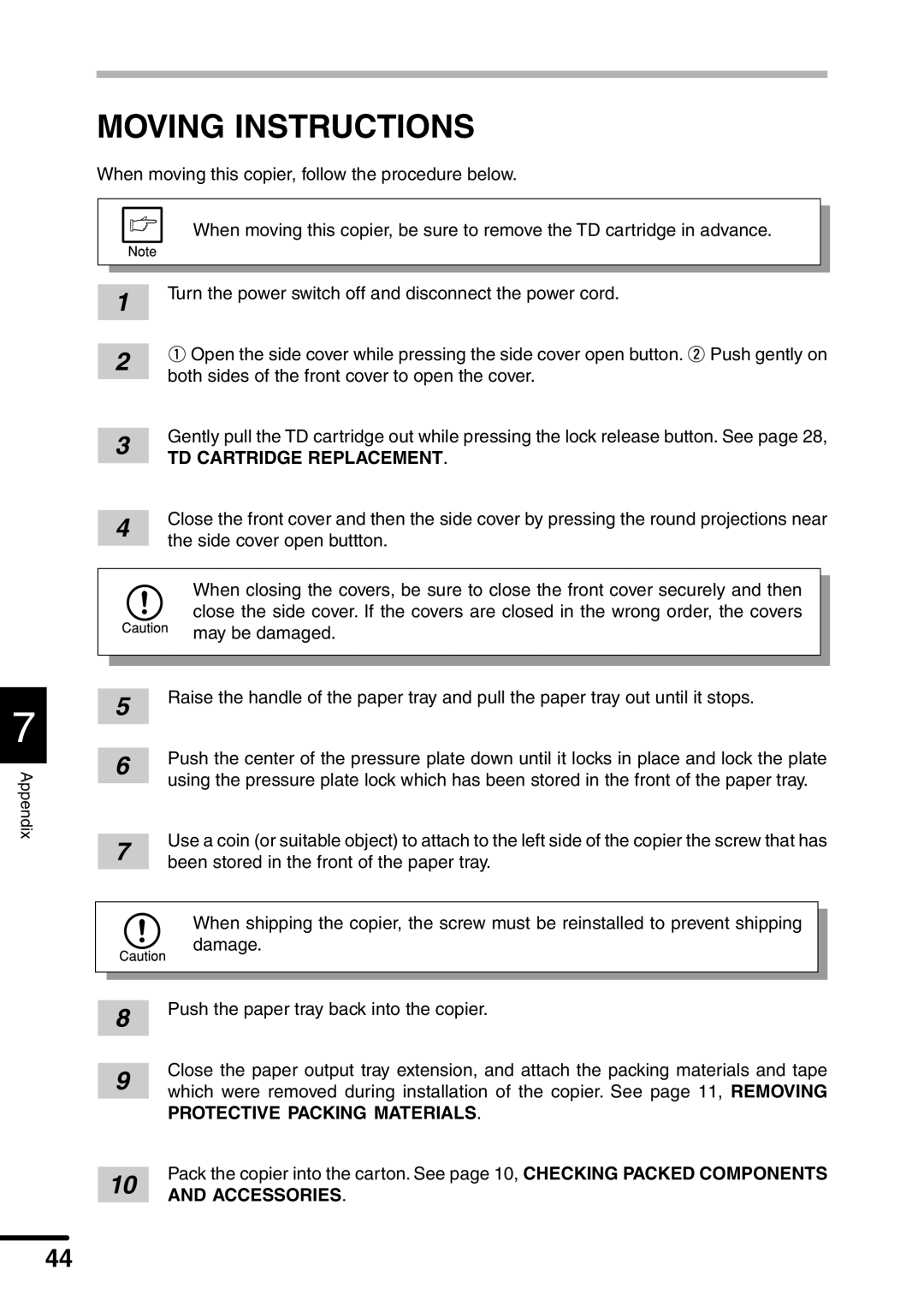 Sharp AL-1451 operation manual Moving Instructions, TD Cartridge Replacement 