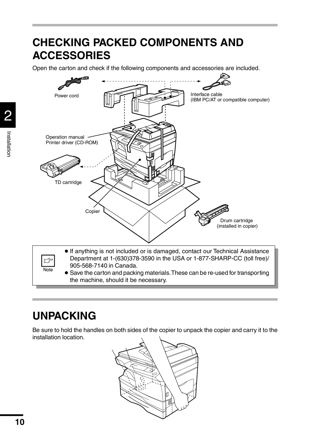 Sharp AL-1551 operation manual Checking Packed Components and Accessories, Unpacking 