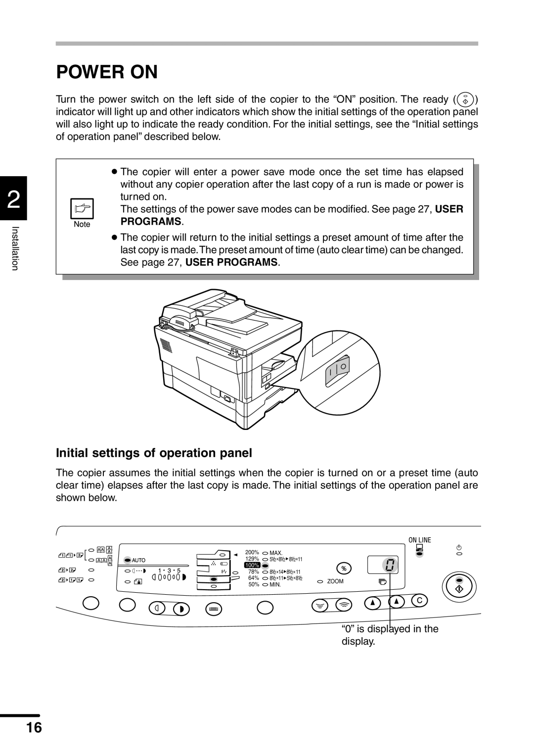 Sharp AL-1551 operation manual Power on, Initial settings of operation panel 