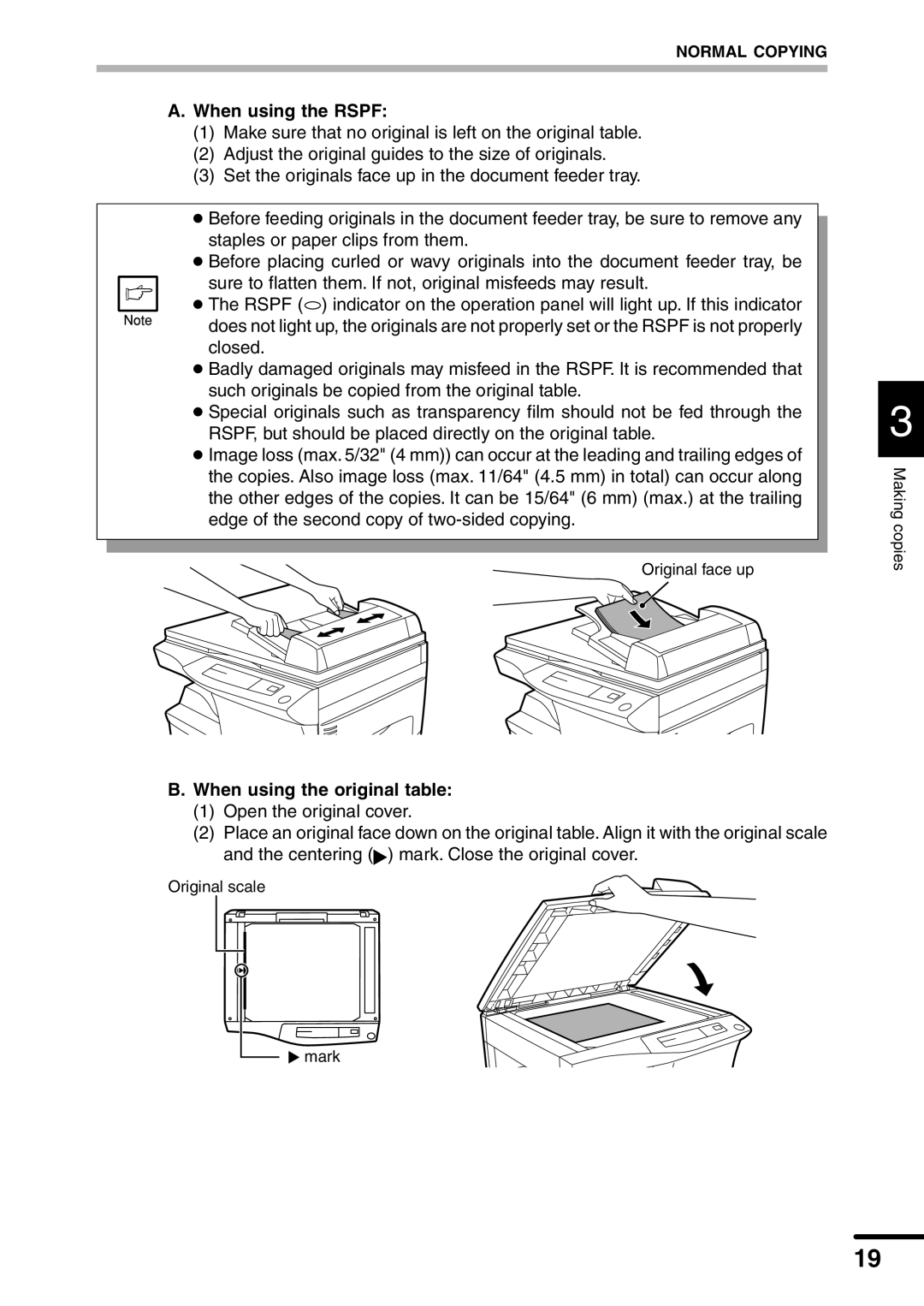 Sharp AL-1551 operation manual When using the Rspf, When using the original table 