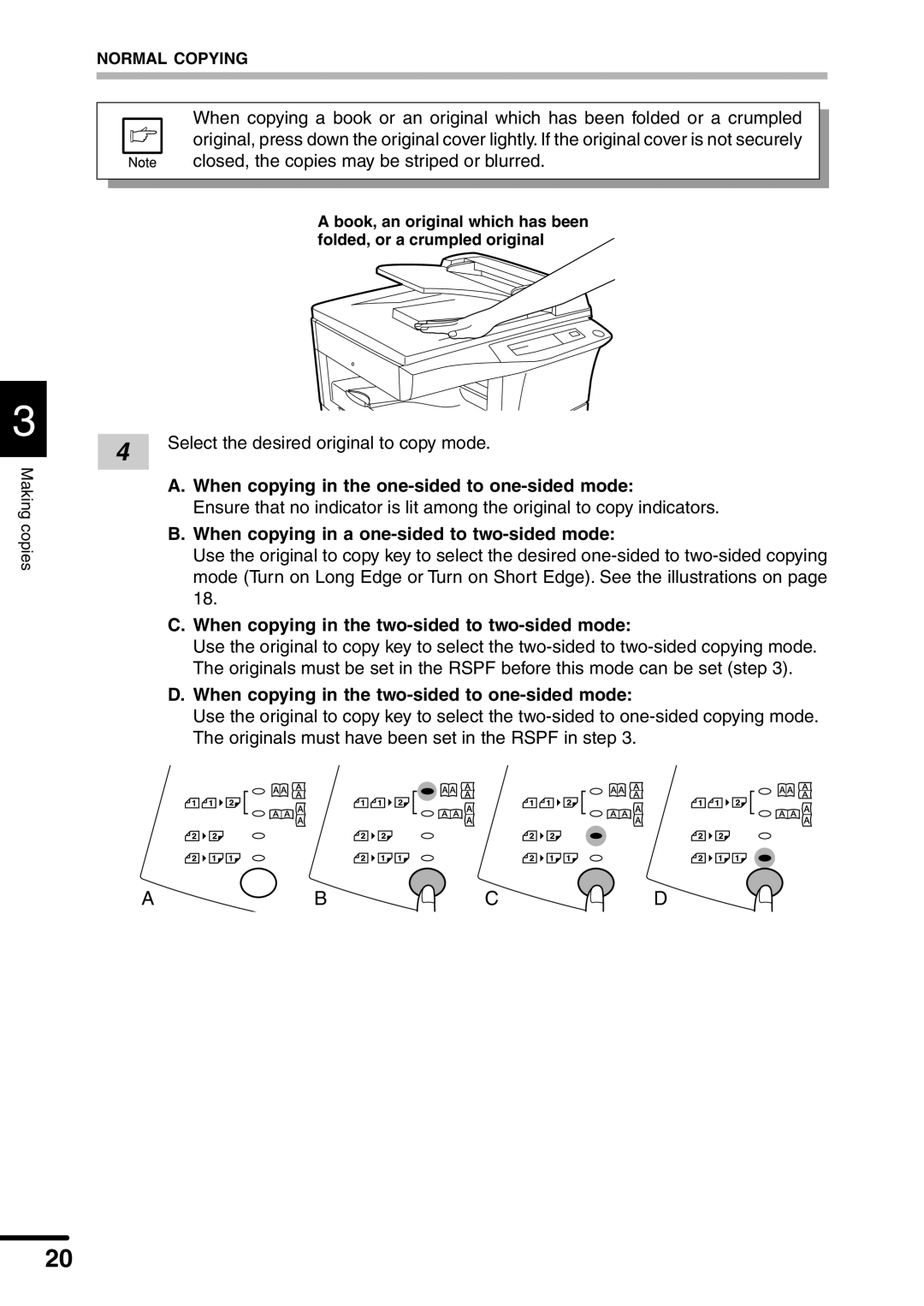 Sharp AL-1551 When copying in the one-sided to one-sided mode, When copying in a one-sided to two-sided mode 