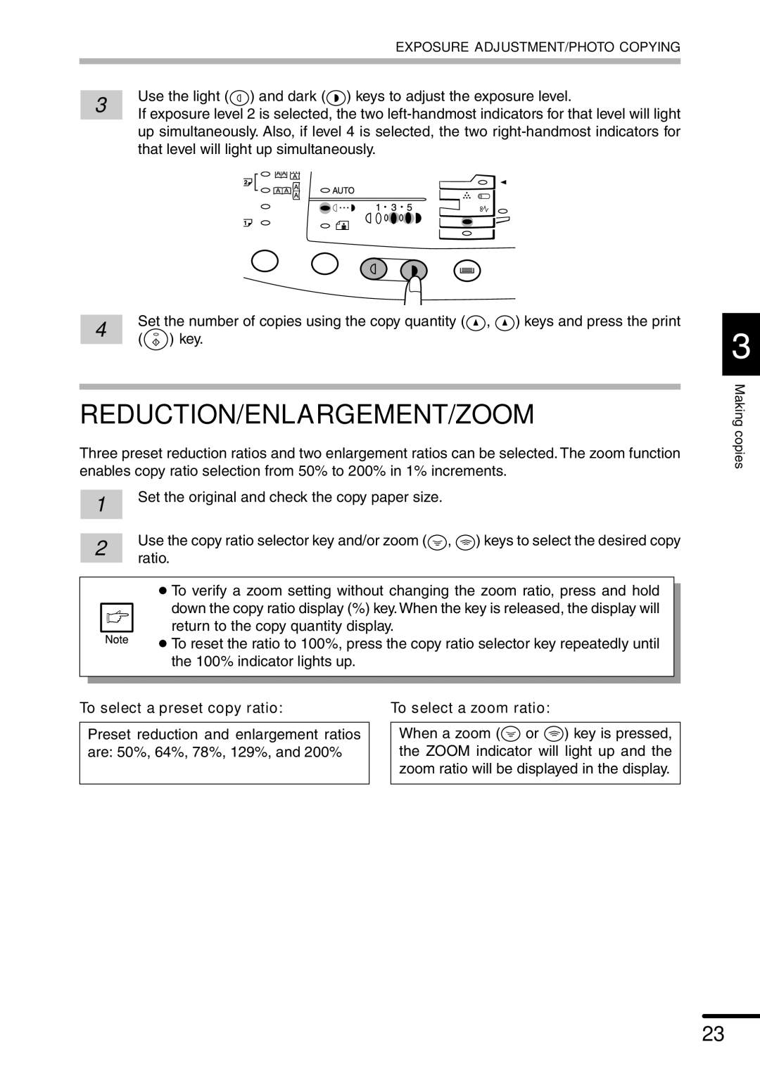 Sharp AL-1551 operation manual Reduction/Enlargement/Zoom, To select a preset copy ratio To select a zoom ratio 