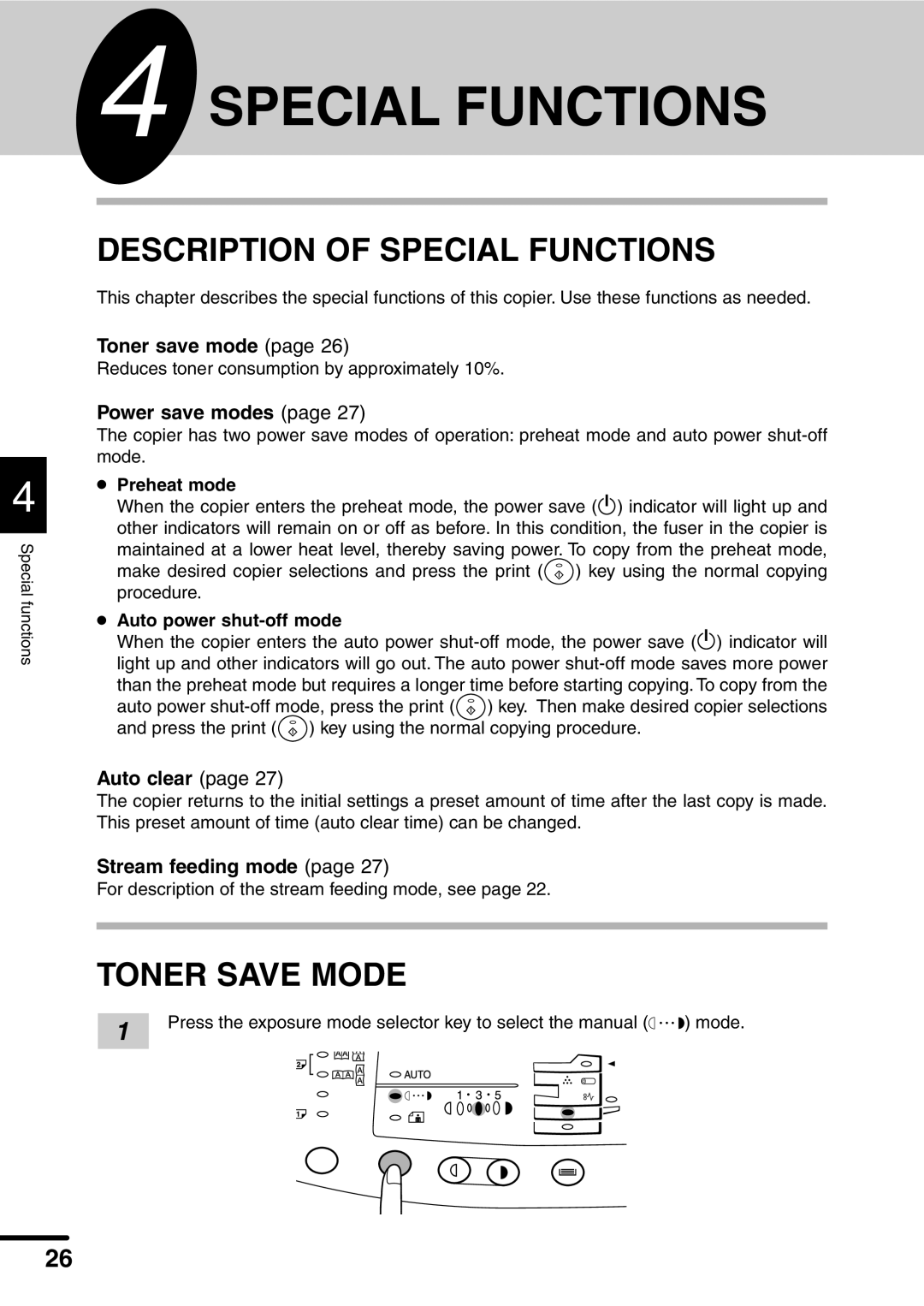 Sharp AL-1551 Description of Special Functions, Toner Save Mode, Preheat mode, Auto power shut-off mode 