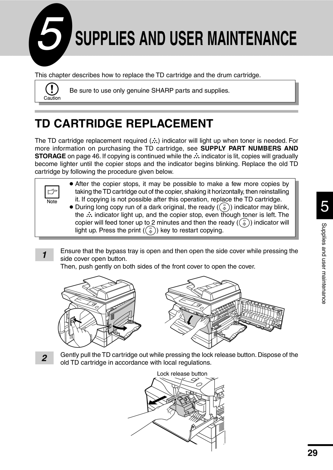 Sharp AL-1551 operation manual Supplies and User Maintenance, TD Cartridge Replacement 