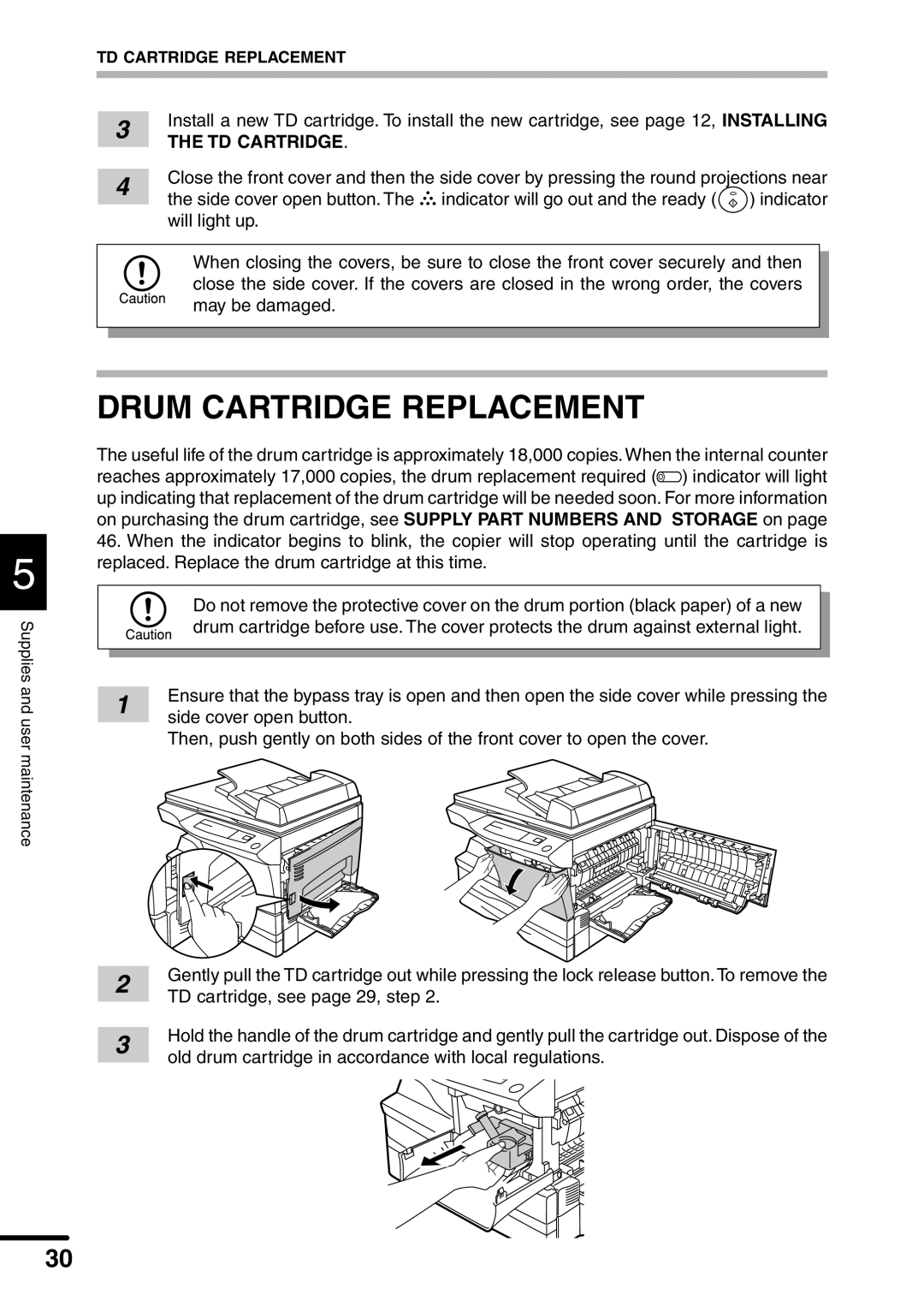 Sharp AL-1551 operation manual Drum Cartridge Replacement, TD Cartridge 