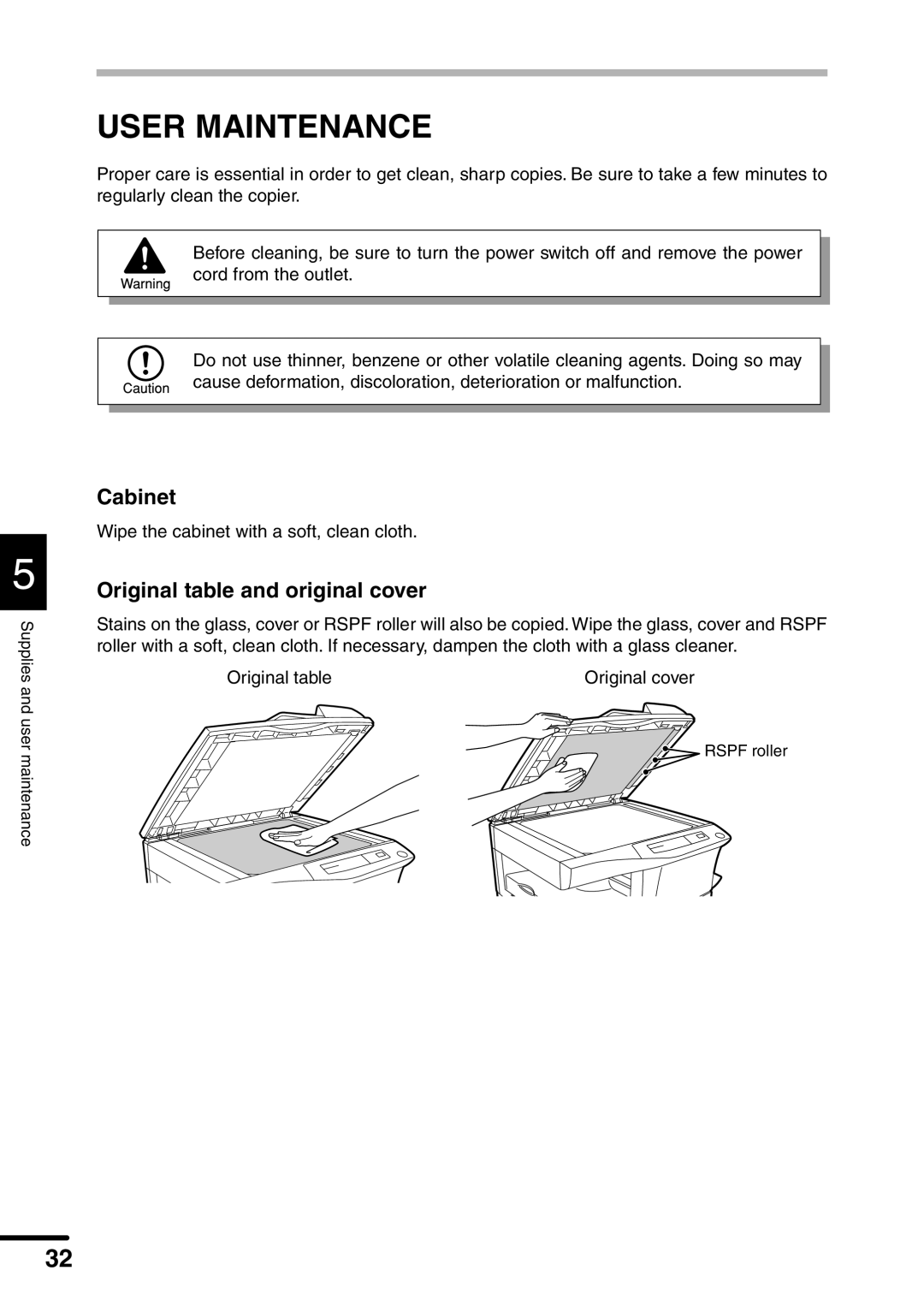 Sharp AL-1551 operation manual User Maintenance, Cabinet, Original table and original cover 