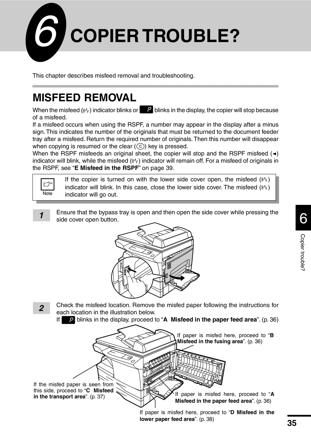 Sharp AL-1551 operation manual Copier TROUBLE?, Misfeed Removal 