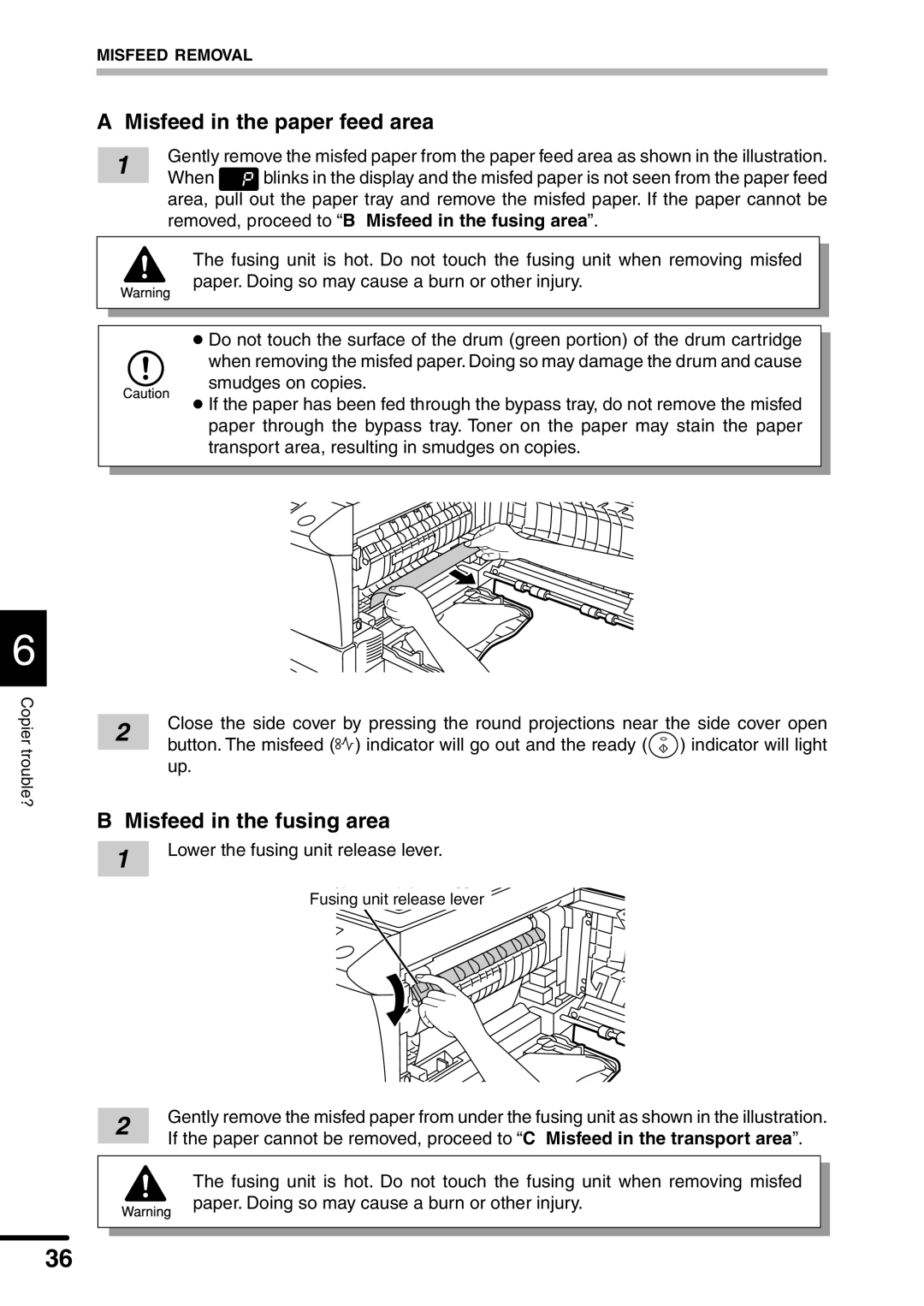 Sharp AL-1551 operation manual Misfeed in the paper feed area, Misfeed in the fusing area 