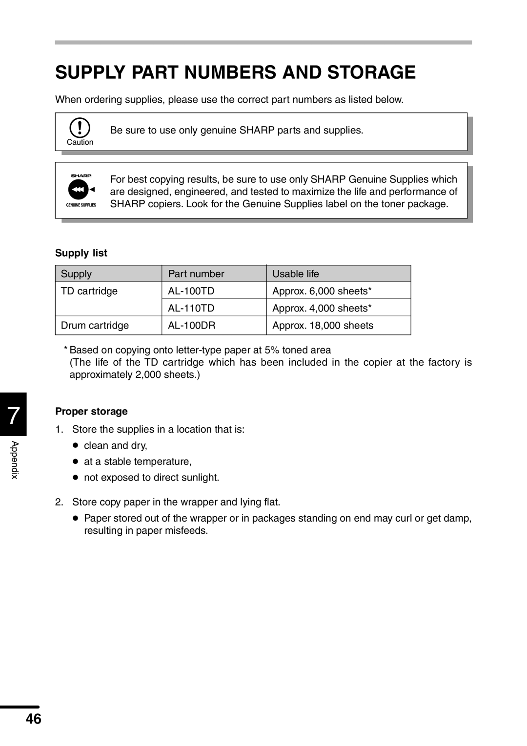 Sharp AL-1551 operation manual Supply Part Numbers and Storage, Supply list, Proper storage 